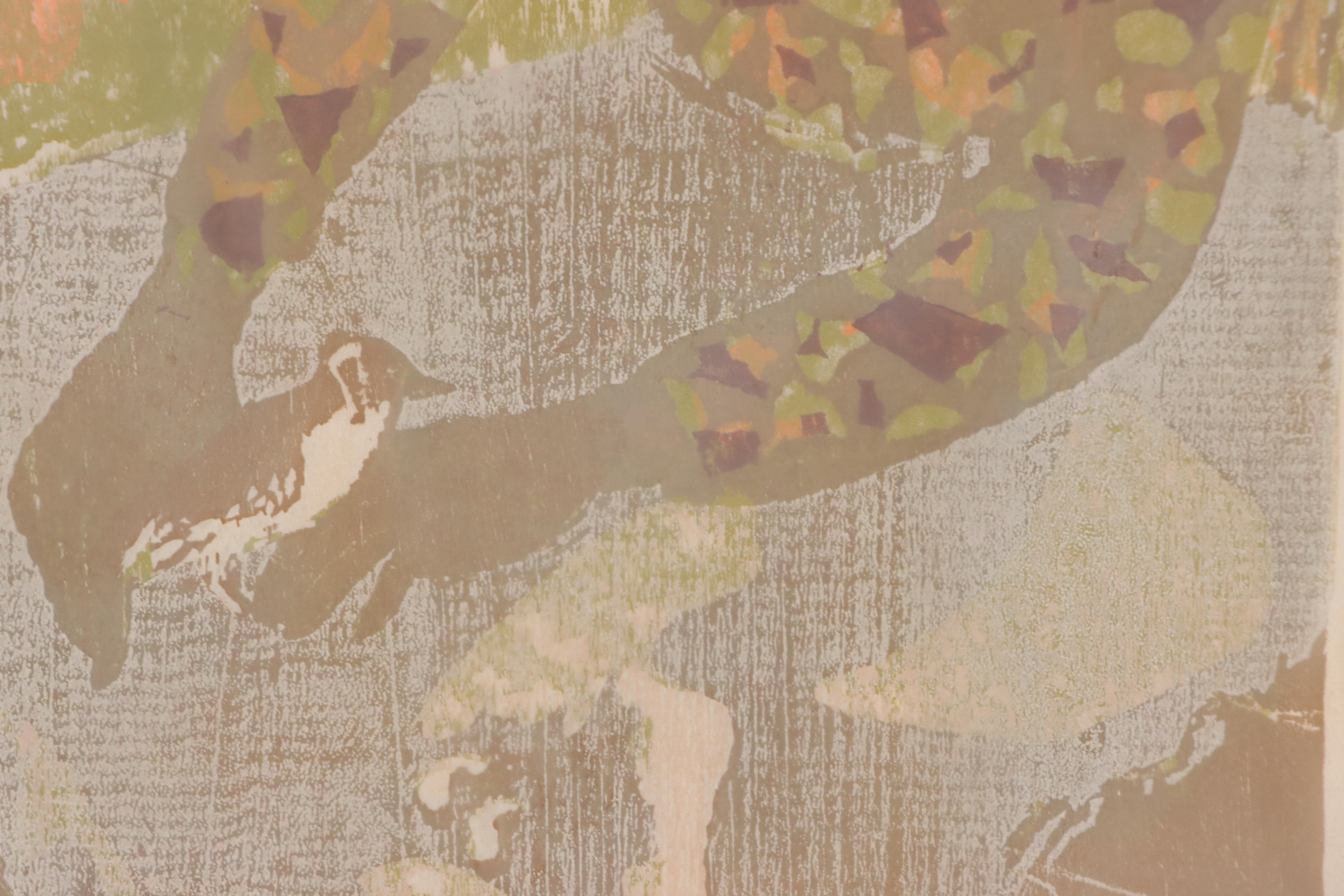 Bruce Currie Woodcut "Girl With Bird," Mid-20th Century