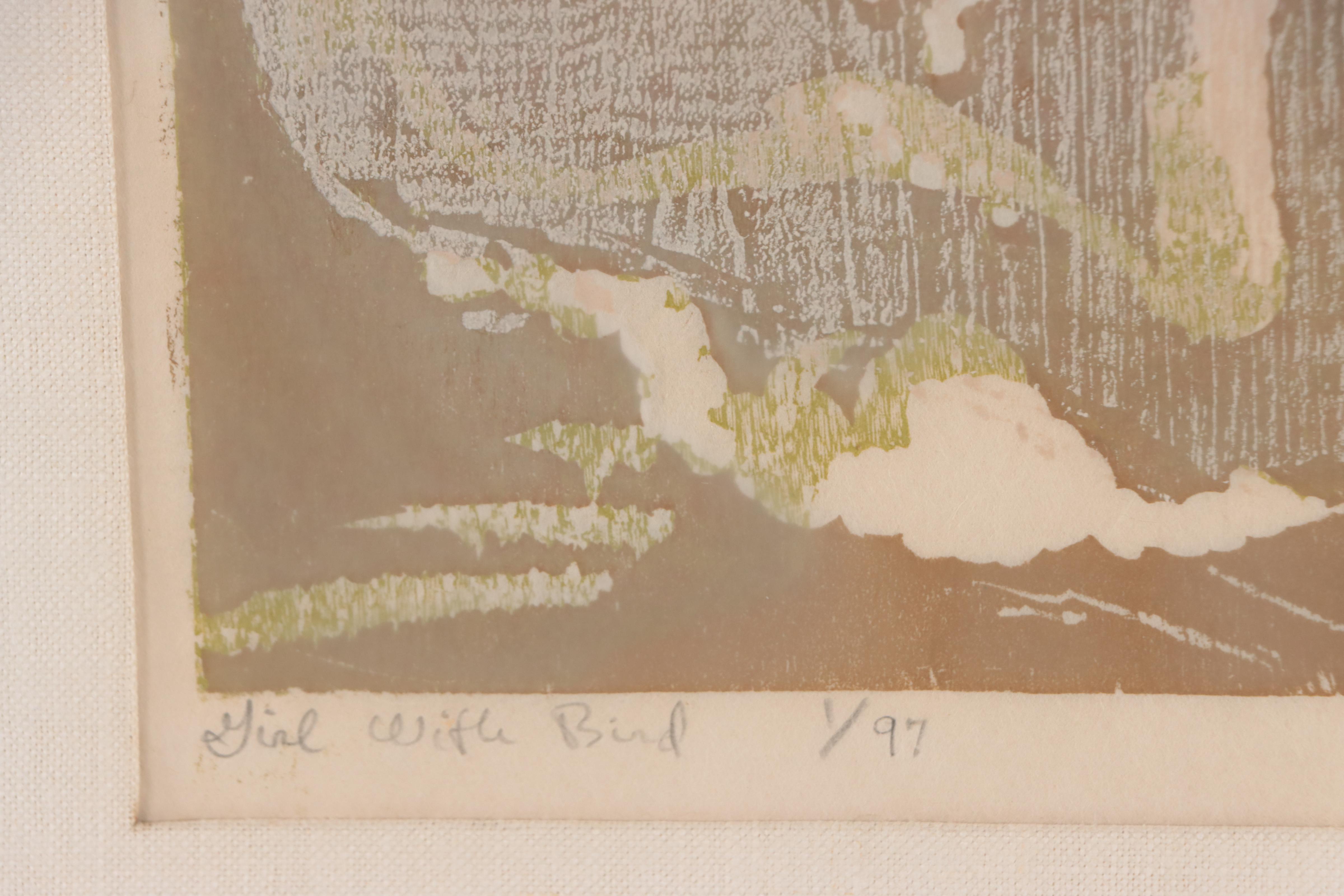 Bruce Currie Woodcut "Girl With Bird," Mid-20th Century