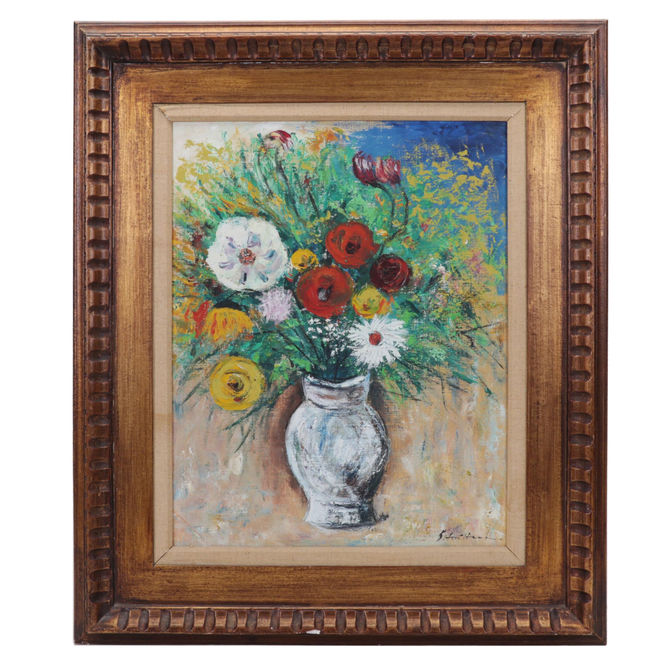 Still Life Oil Painting of Flowers in White Vase, Late 20th Century