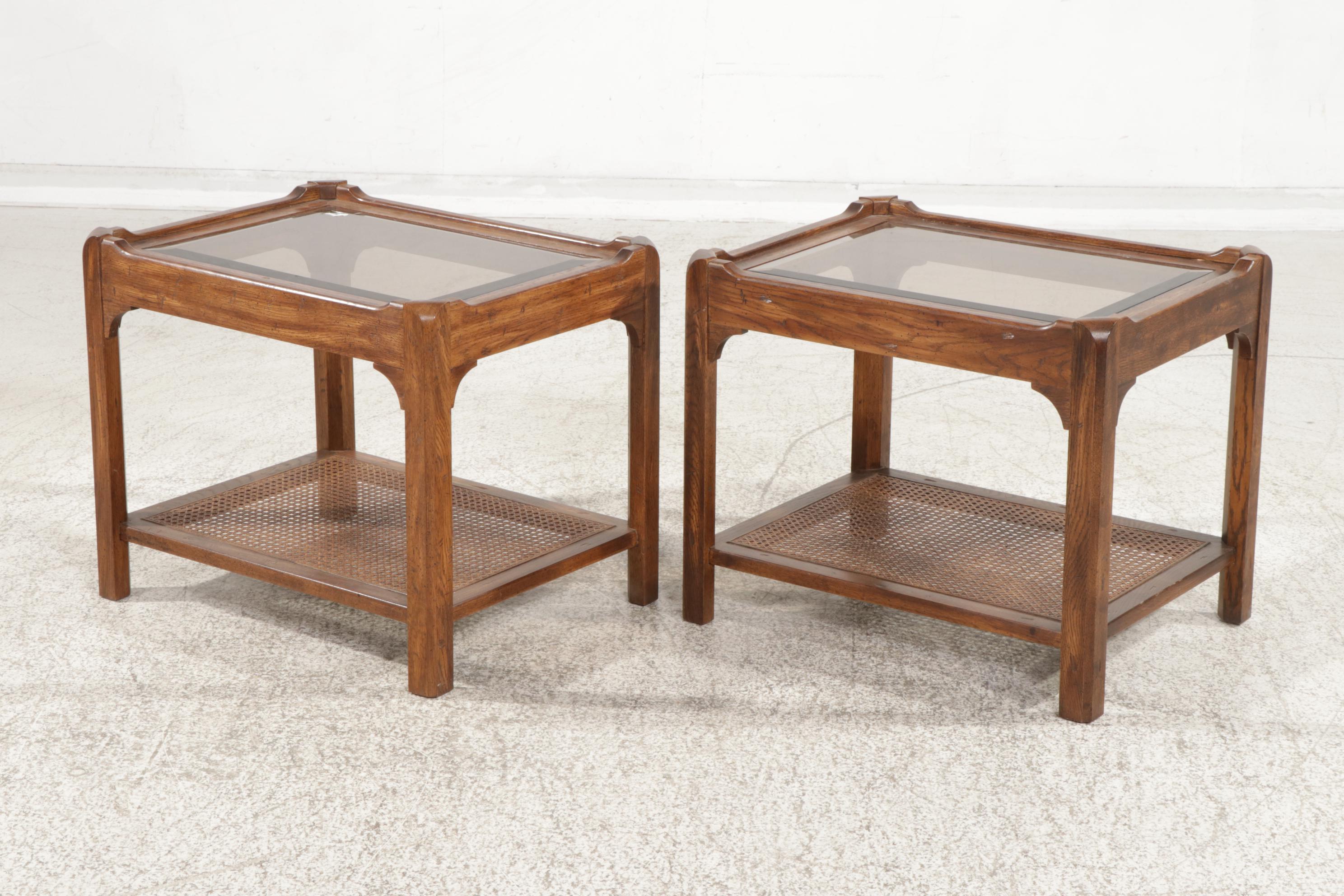 Pair of Wood, Cane and Glass Top Two-Tiered End Tables, 1970s