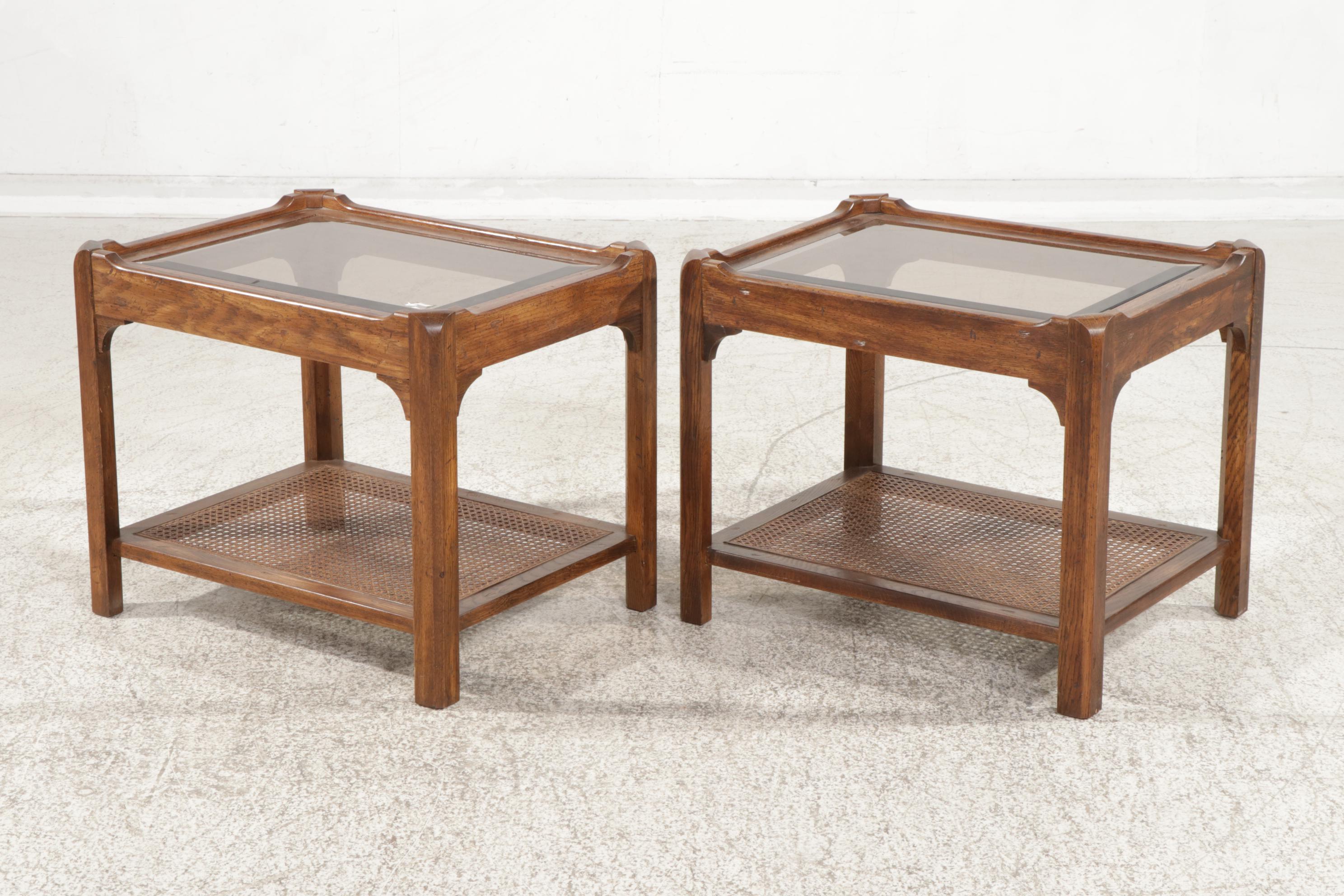 Pair of Wood, Cane and Glass Top Two-Tiered End Tables, 1970s