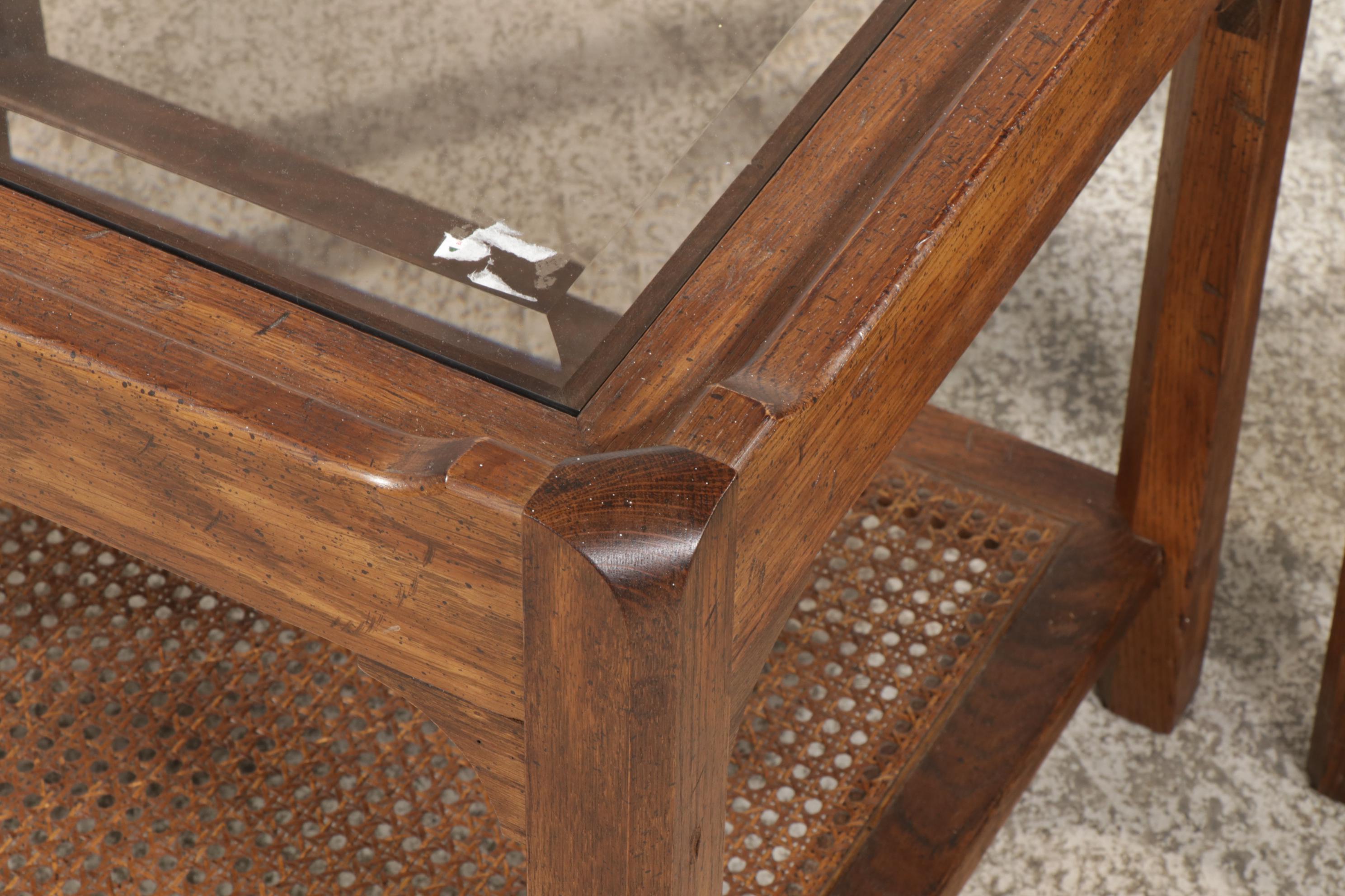 Pair of Wood, Cane and Glass Top Two-Tiered End Tables, 1970s
