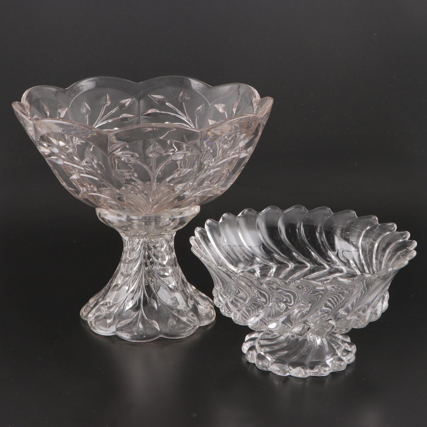 Pressed Glass Plume Pattern Compote and Etched Glass Punch Bowl