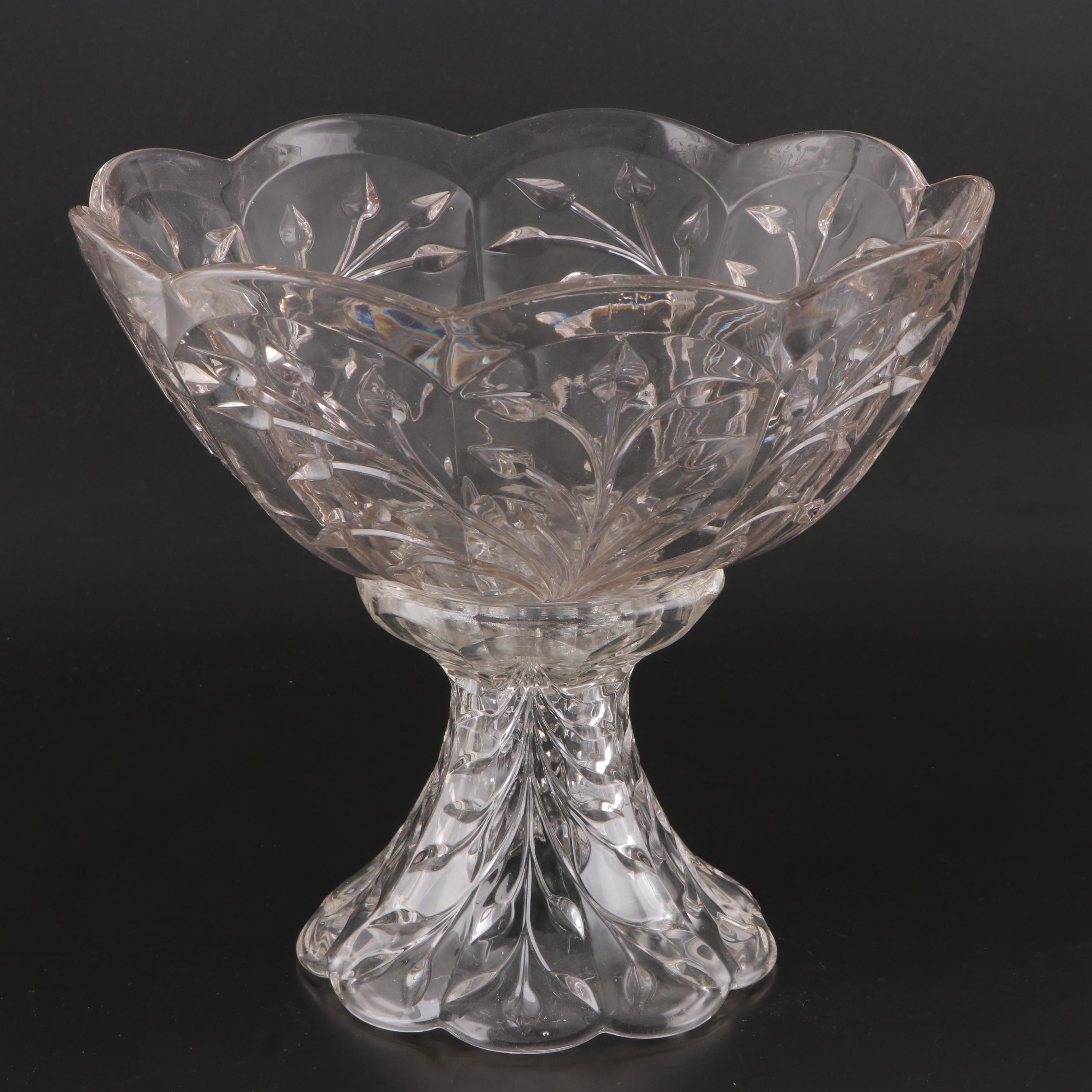 Pressed Glass Plume Pattern Compote and Etched Glass Punch Bowl