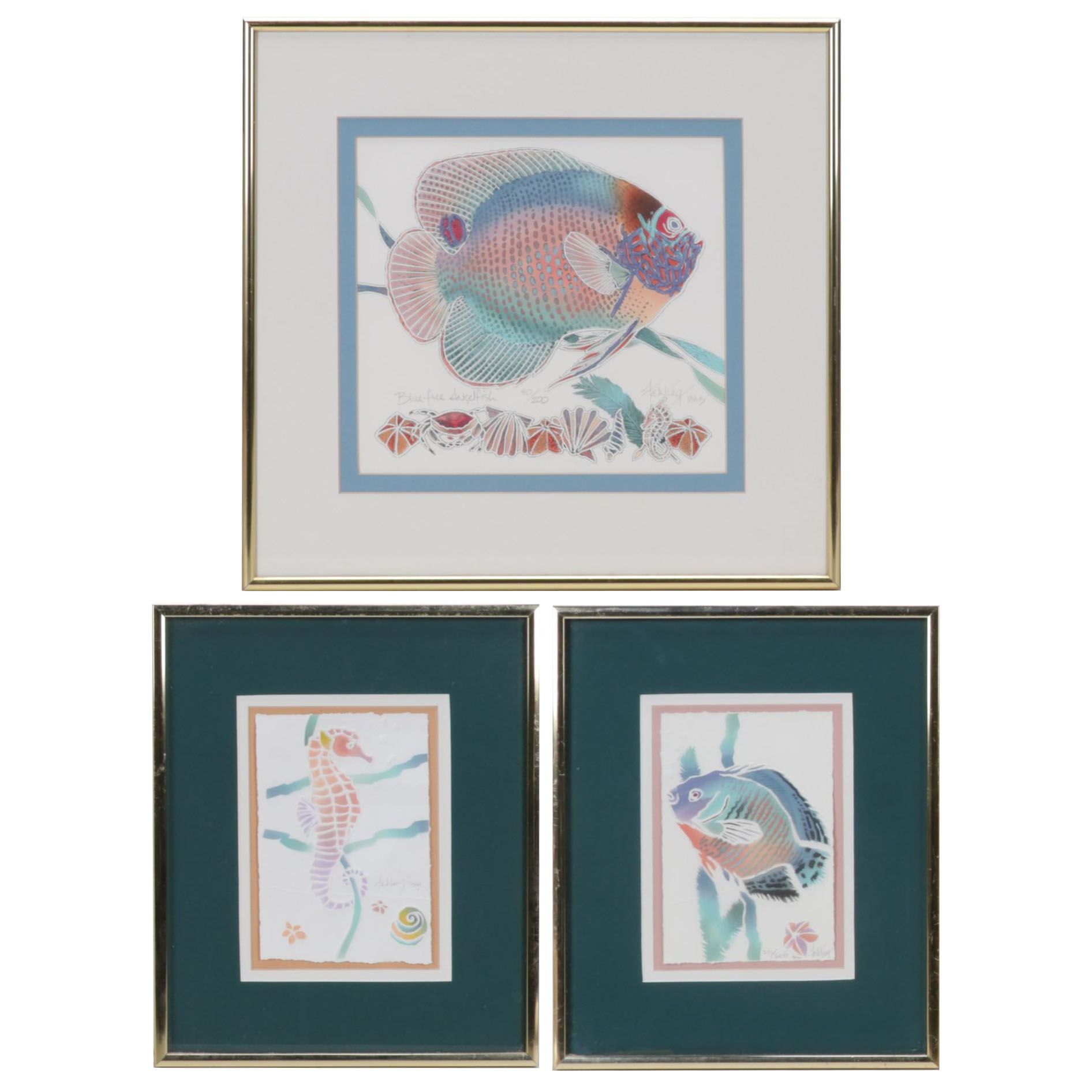 Laura Beatty-Fehling Hand-Colored Embossed Etchings of Fish, Circa 1993