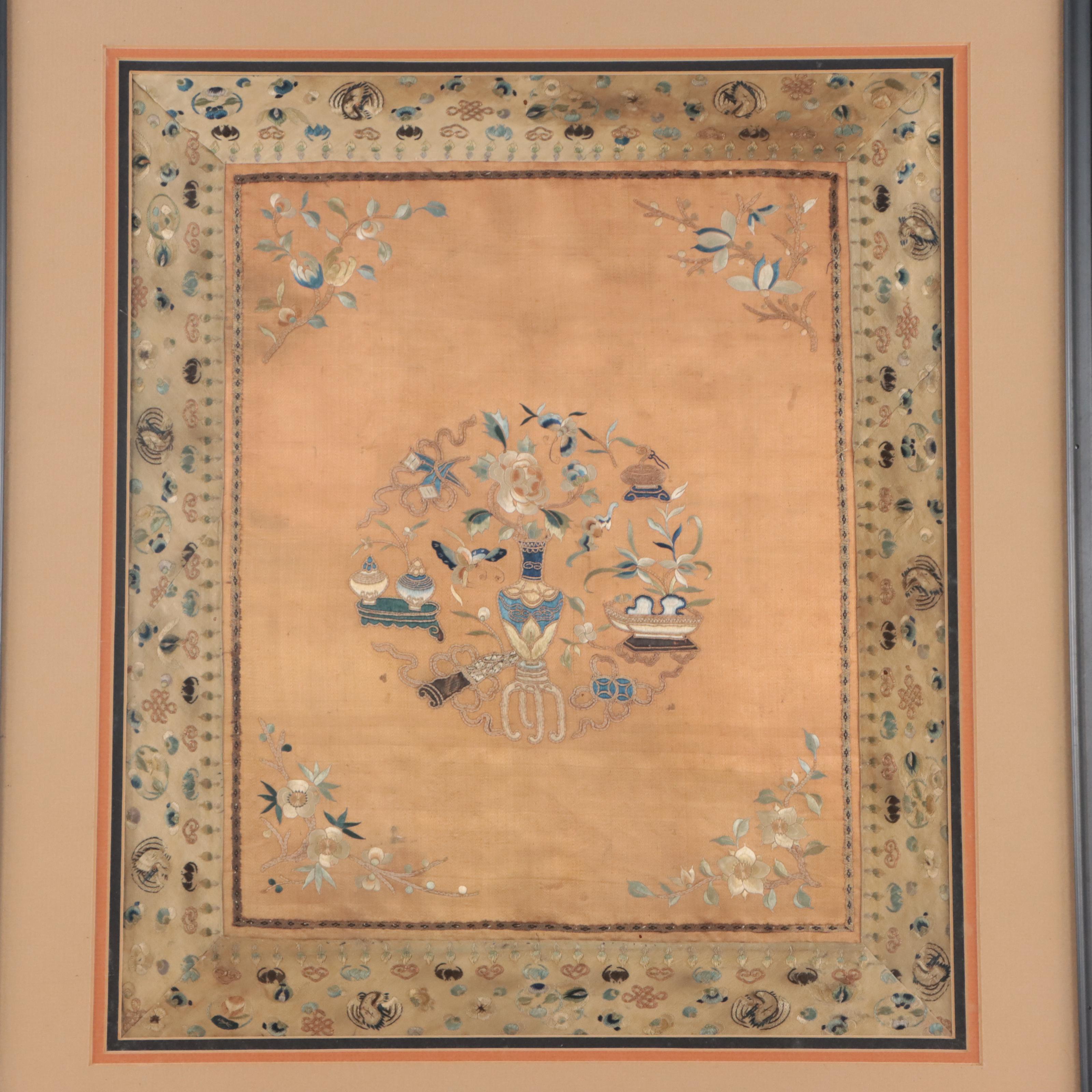 Chinese Silk Embroidery Square With Flower and Butterfly Motifs