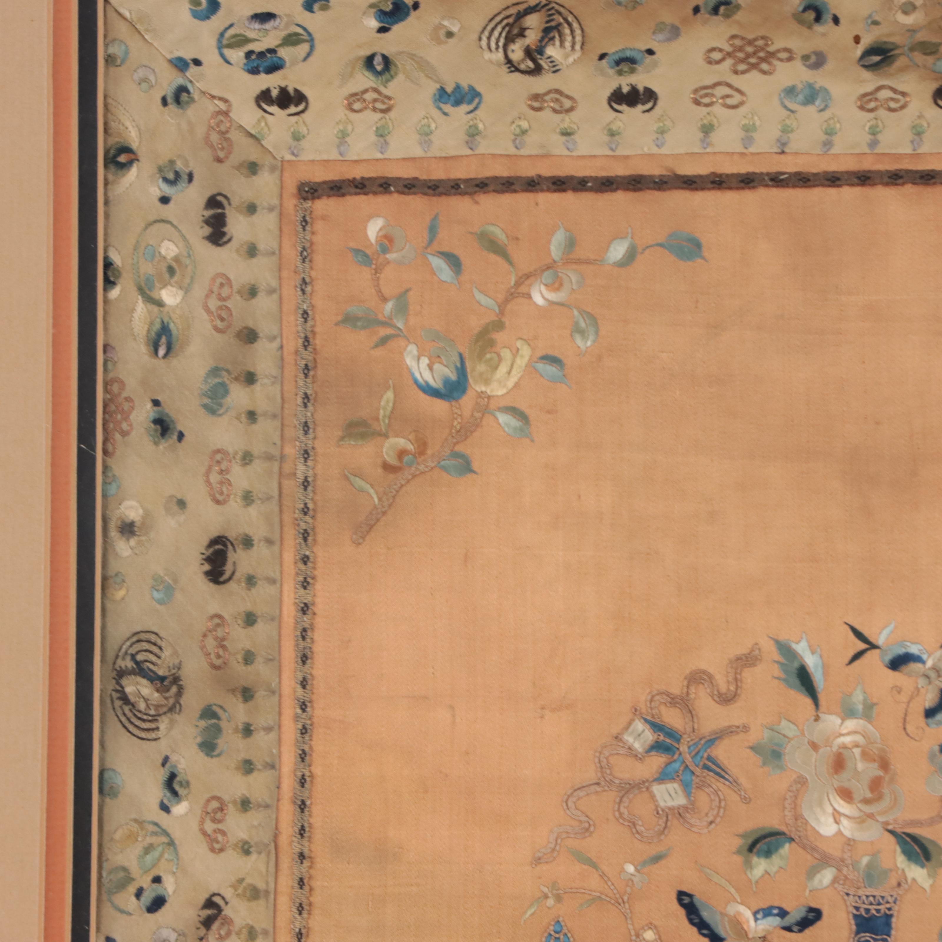 Chinese Silk Embroidery Square With Flower and Butterfly Motifs