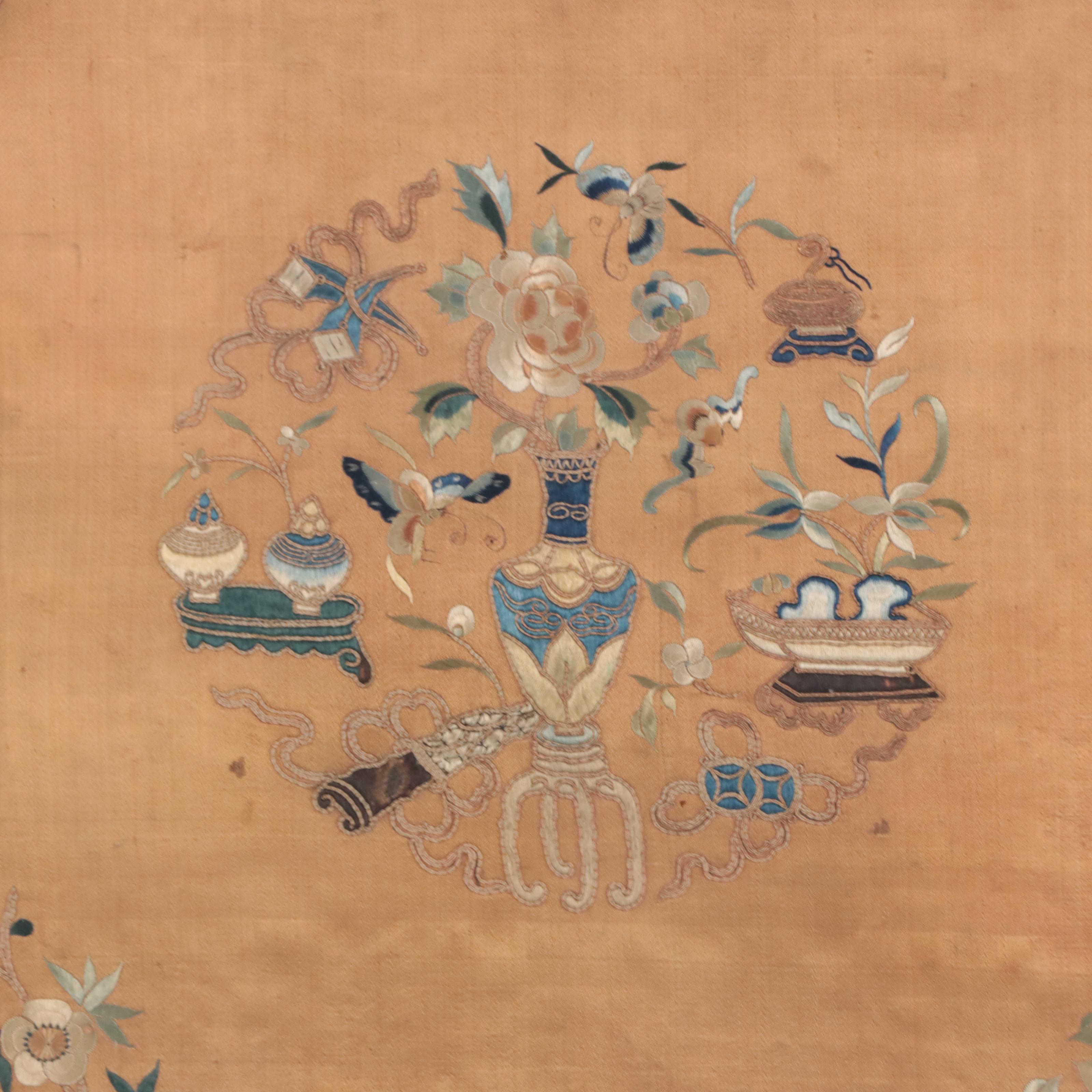 Chinese Silk Embroidery Square With Flower and Butterfly Motifs