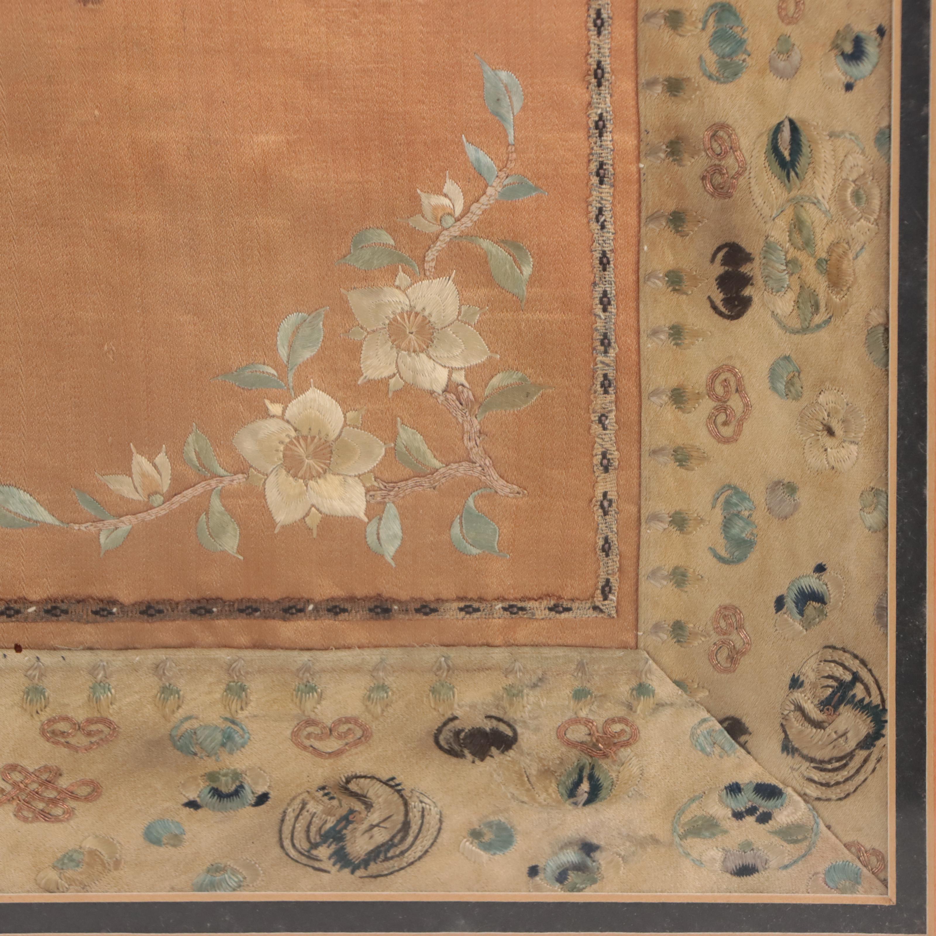 Chinese Silk Embroidery Square With Flower and Butterfly Motifs