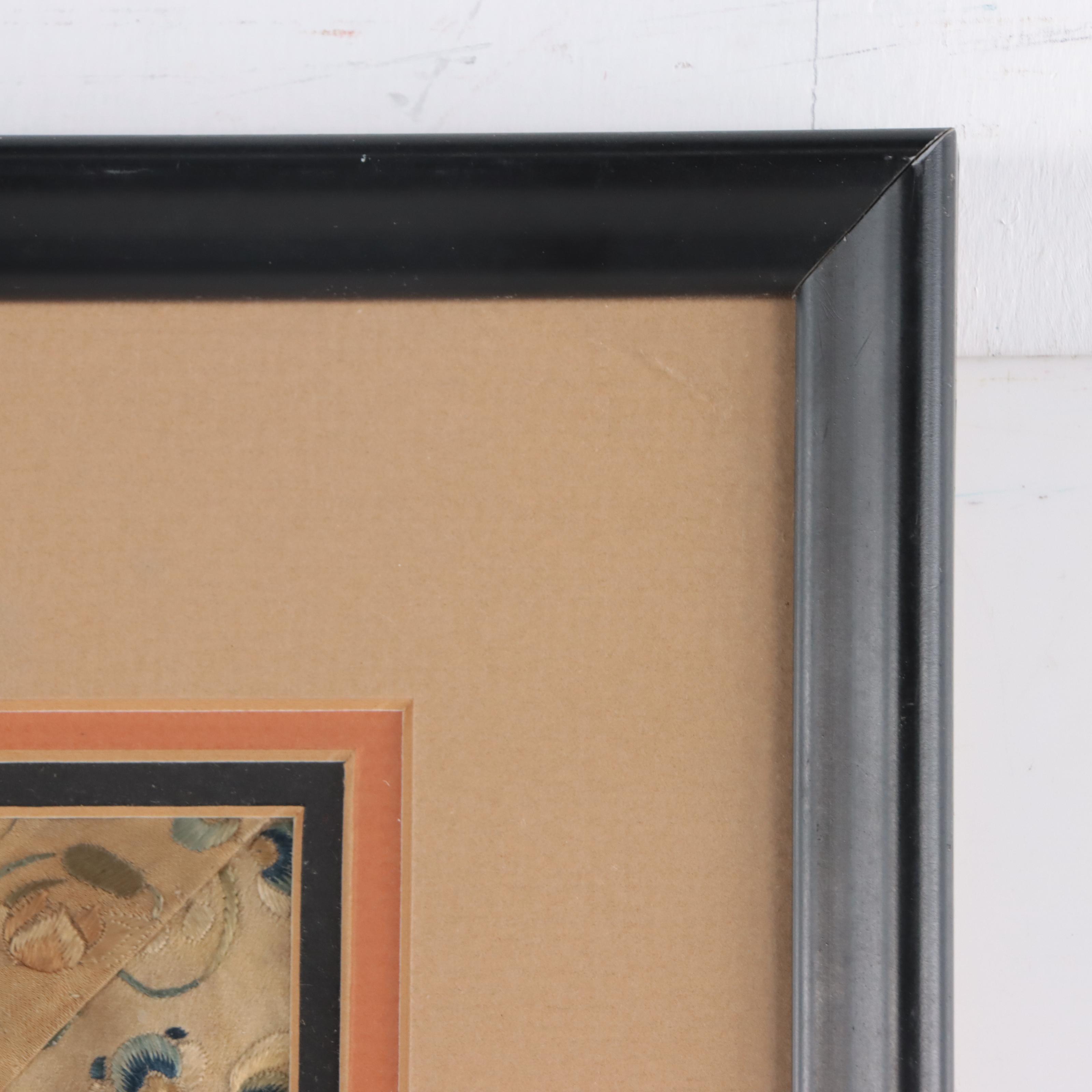 Chinese Silk Embroidery Square With Flower and Butterfly Motifs