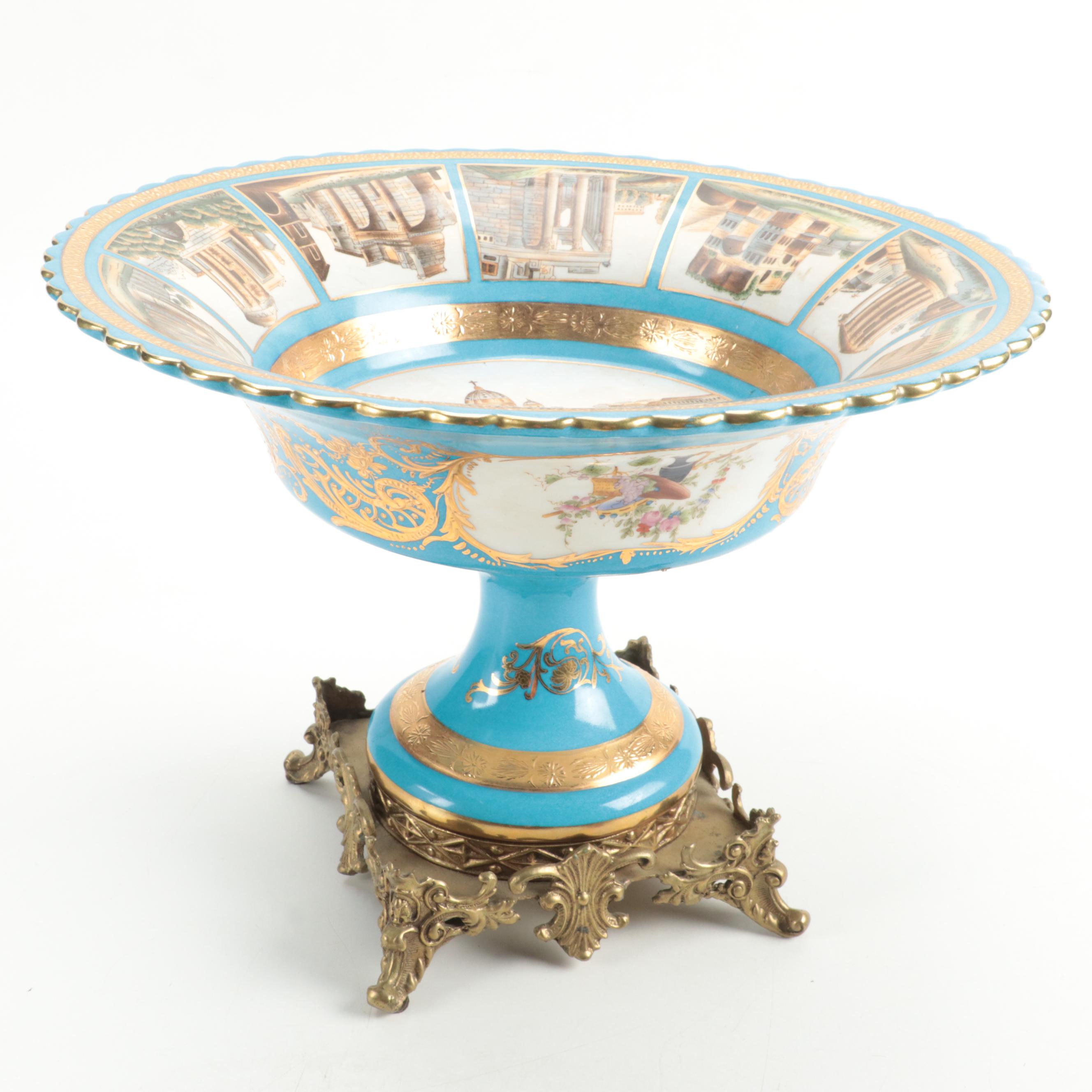 French Porcelain Blue Celeste Roman Landmarks Ormolu Mounted Compote