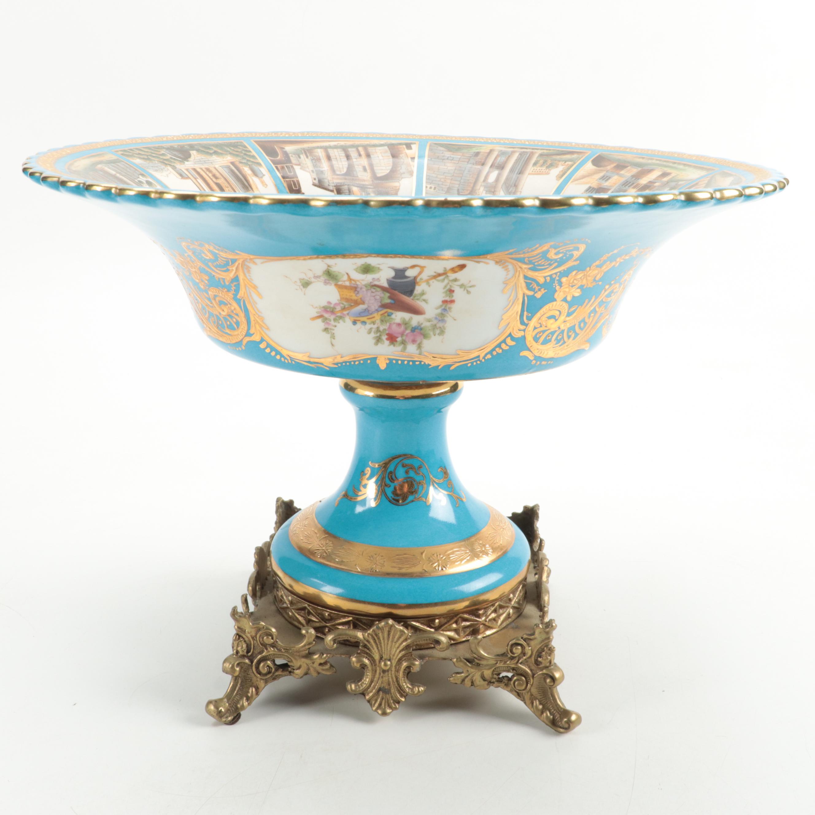 French Porcelain Blue Celeste Roman Landmarks Ormolu Mounted Compote
