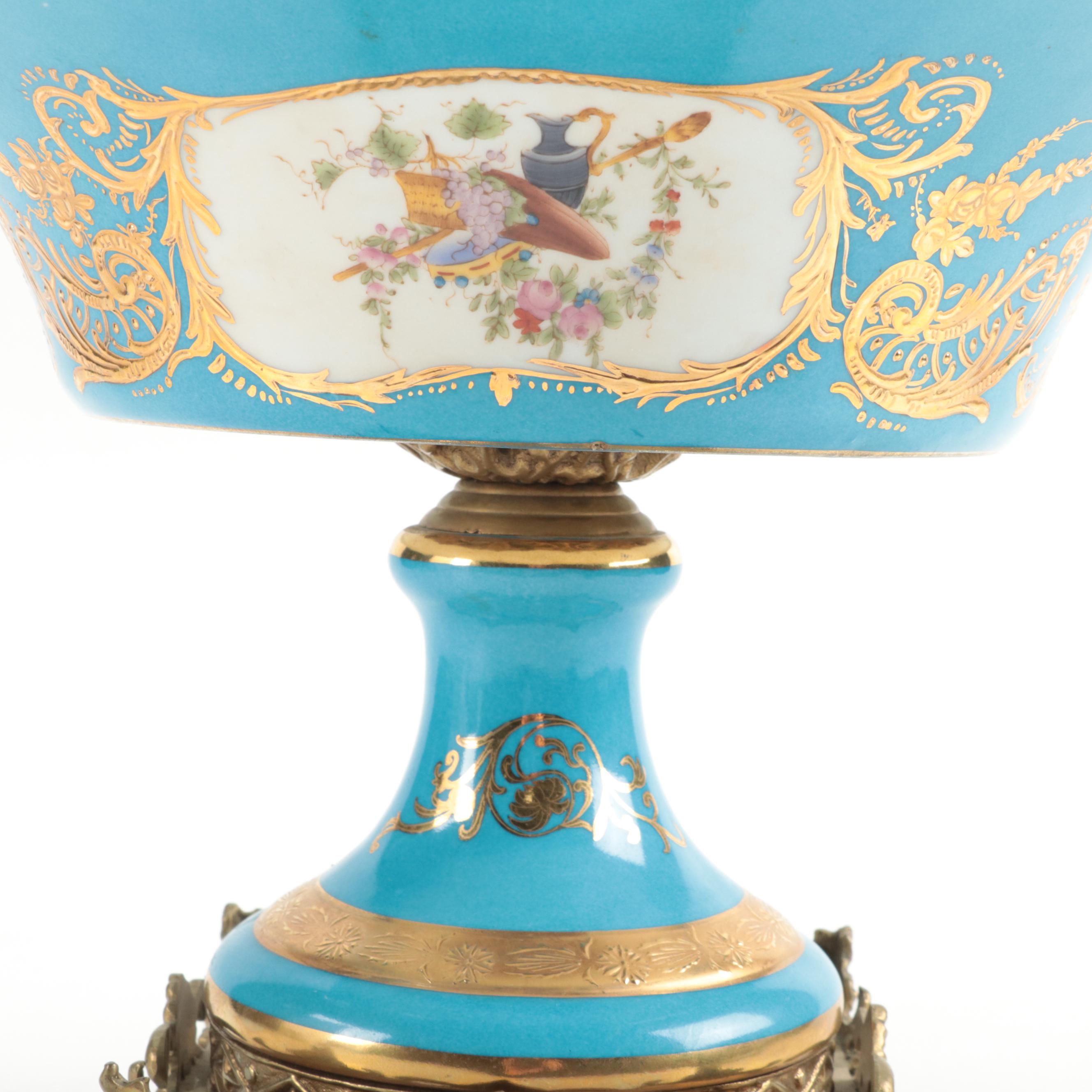 French Porcelain Blue Celeste Roman Landmarks Ormolu Mounted Compote