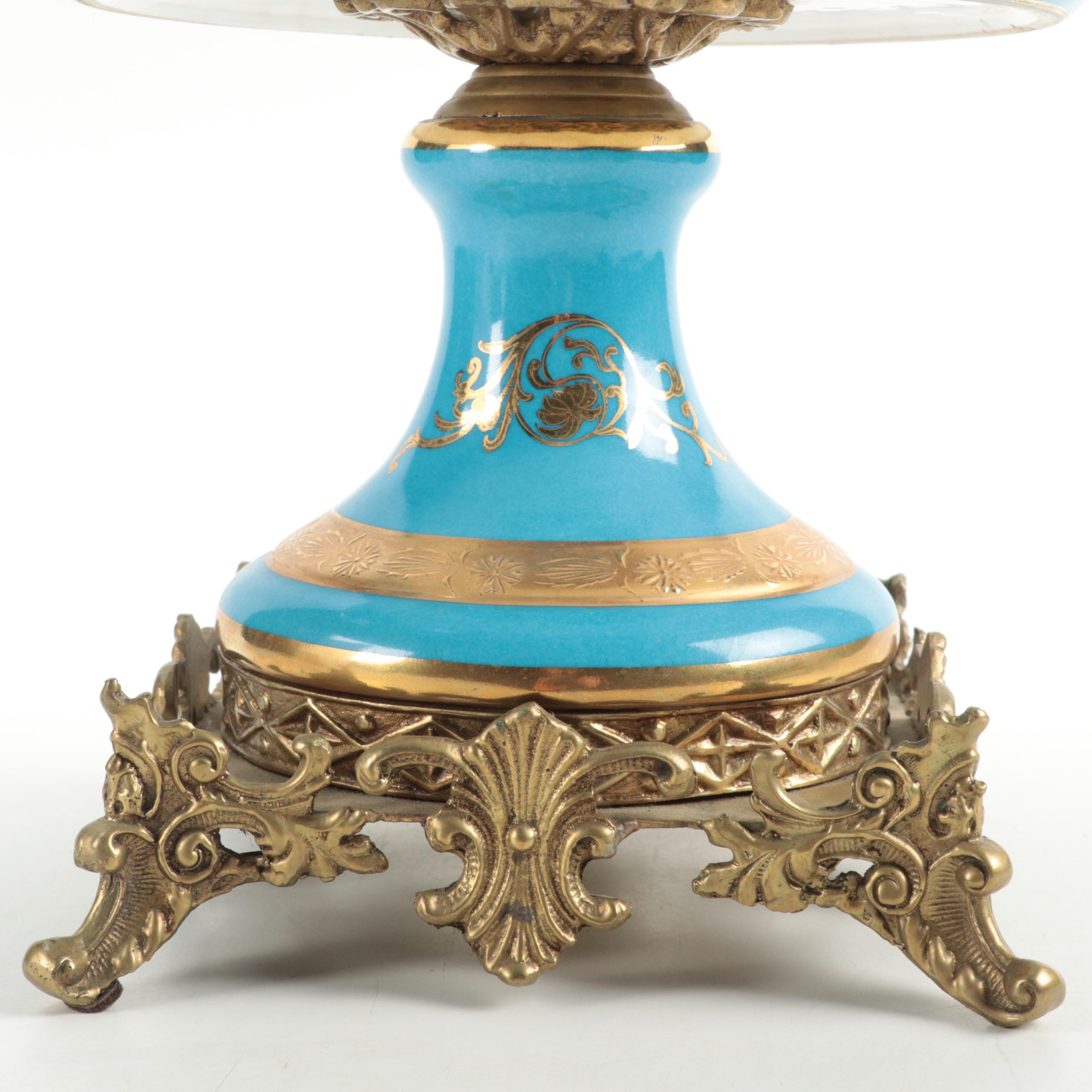 French Porcelain Blue Celeste Roman Landmarks Ormolu Mounted Compote