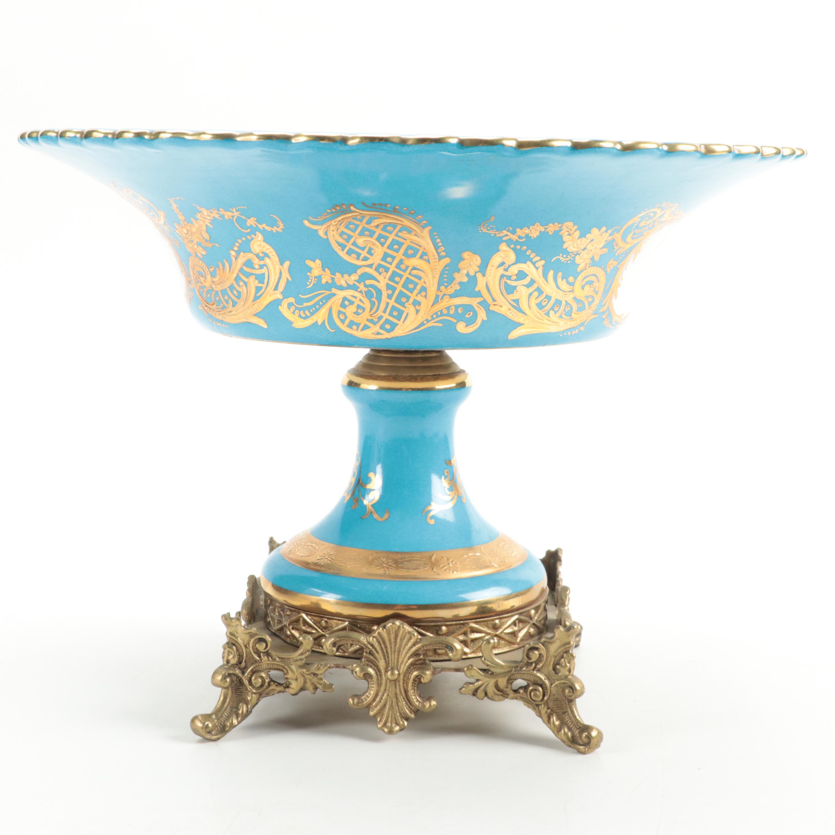 French Porcelain Blue Celeste Roman Landmarks Ormolu Mounted Compote