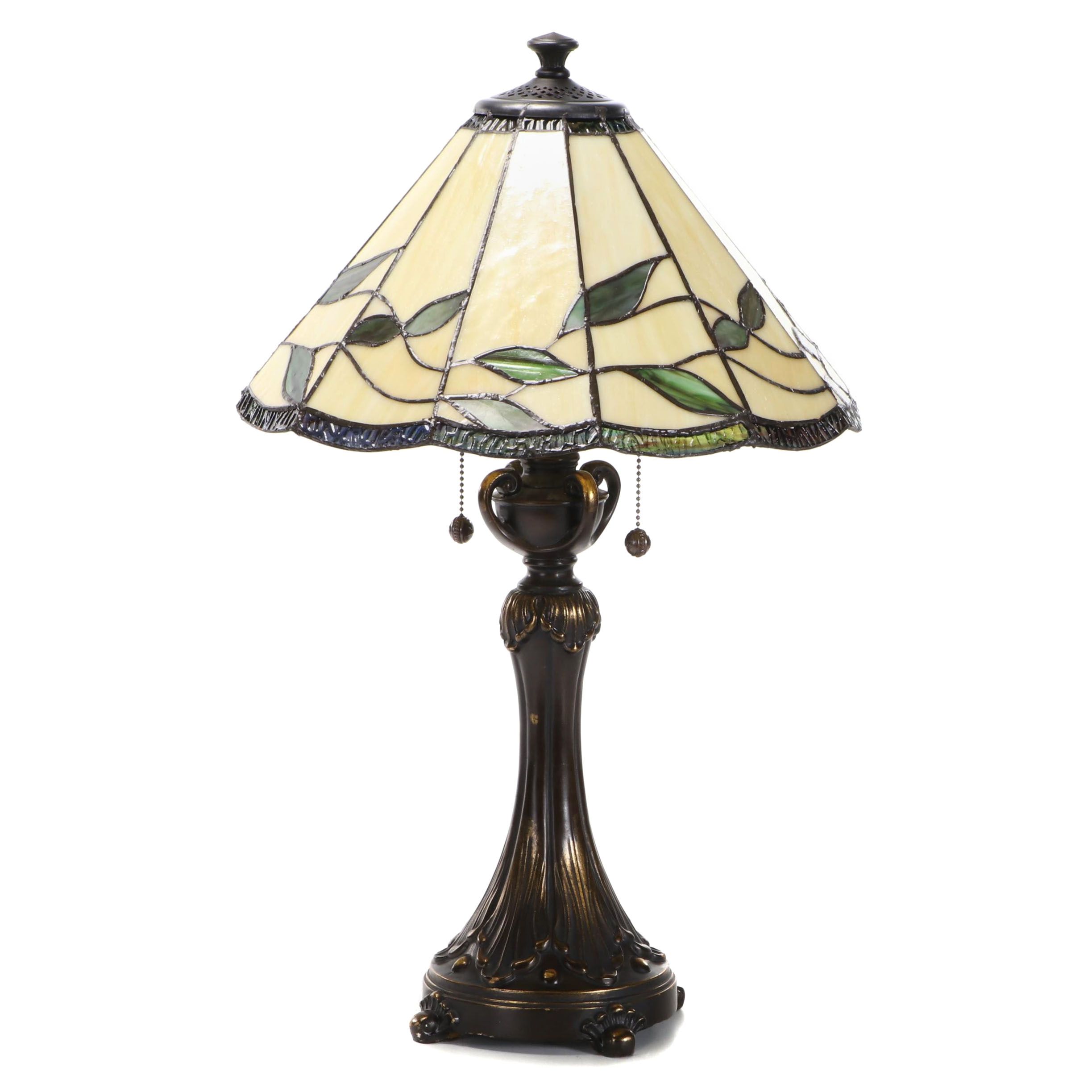 Dale Tiffany Art Nouveau Style Lamp with Foliate Slag and Stained Glass Shade