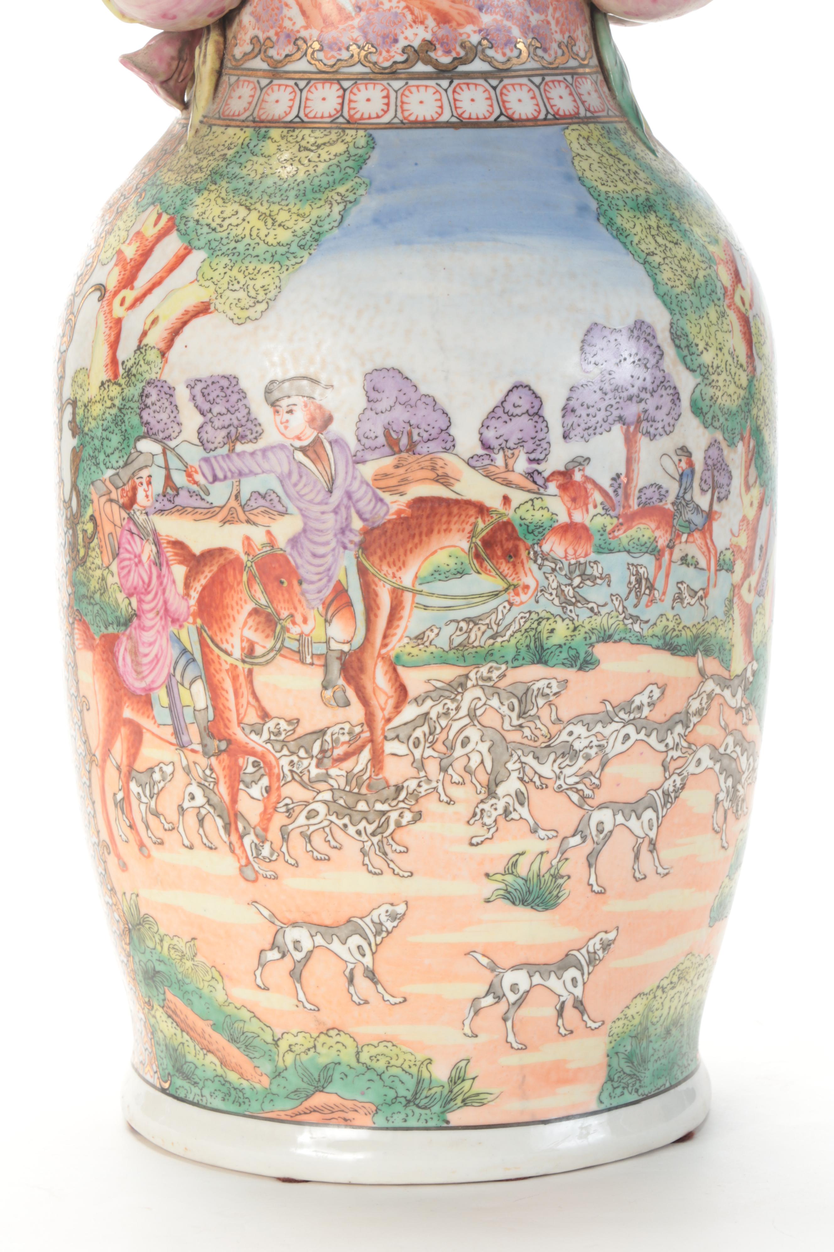 Chinese Export Style Hunting Scene Pomegranate Handled Vases