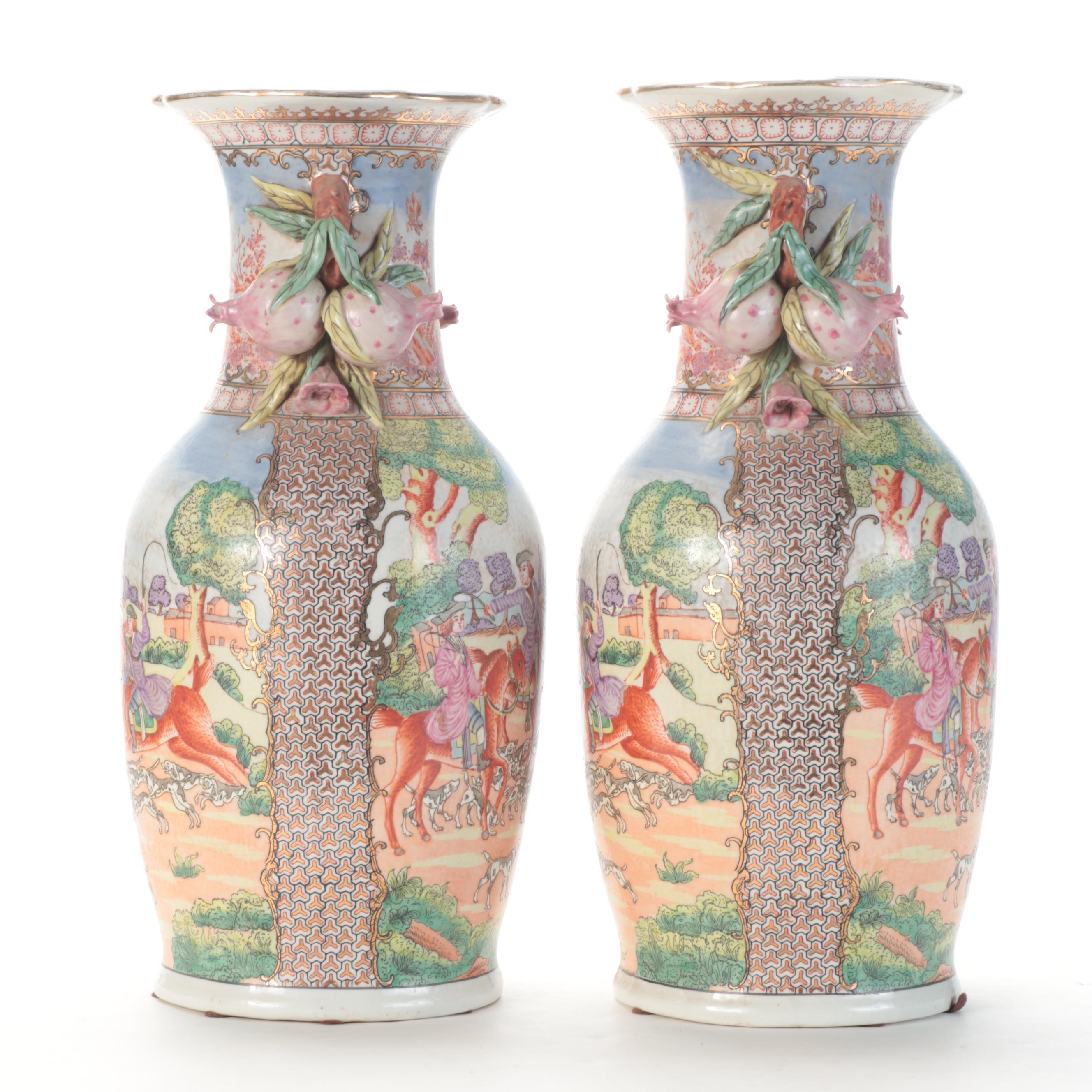 Chinese Export Style Hunting Scene Pomegranate Handled Vases