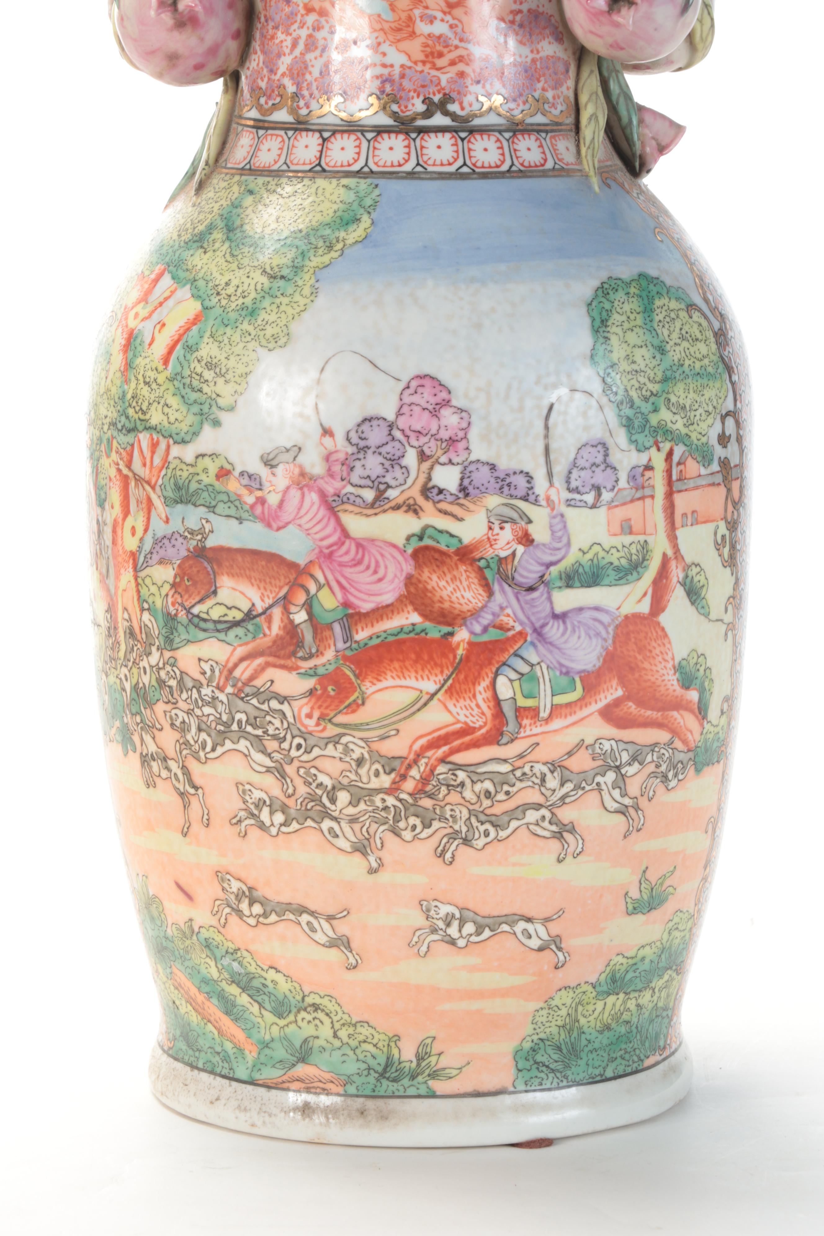 Chinese Export Style Hunting Scene Pomegranate Handled Vases