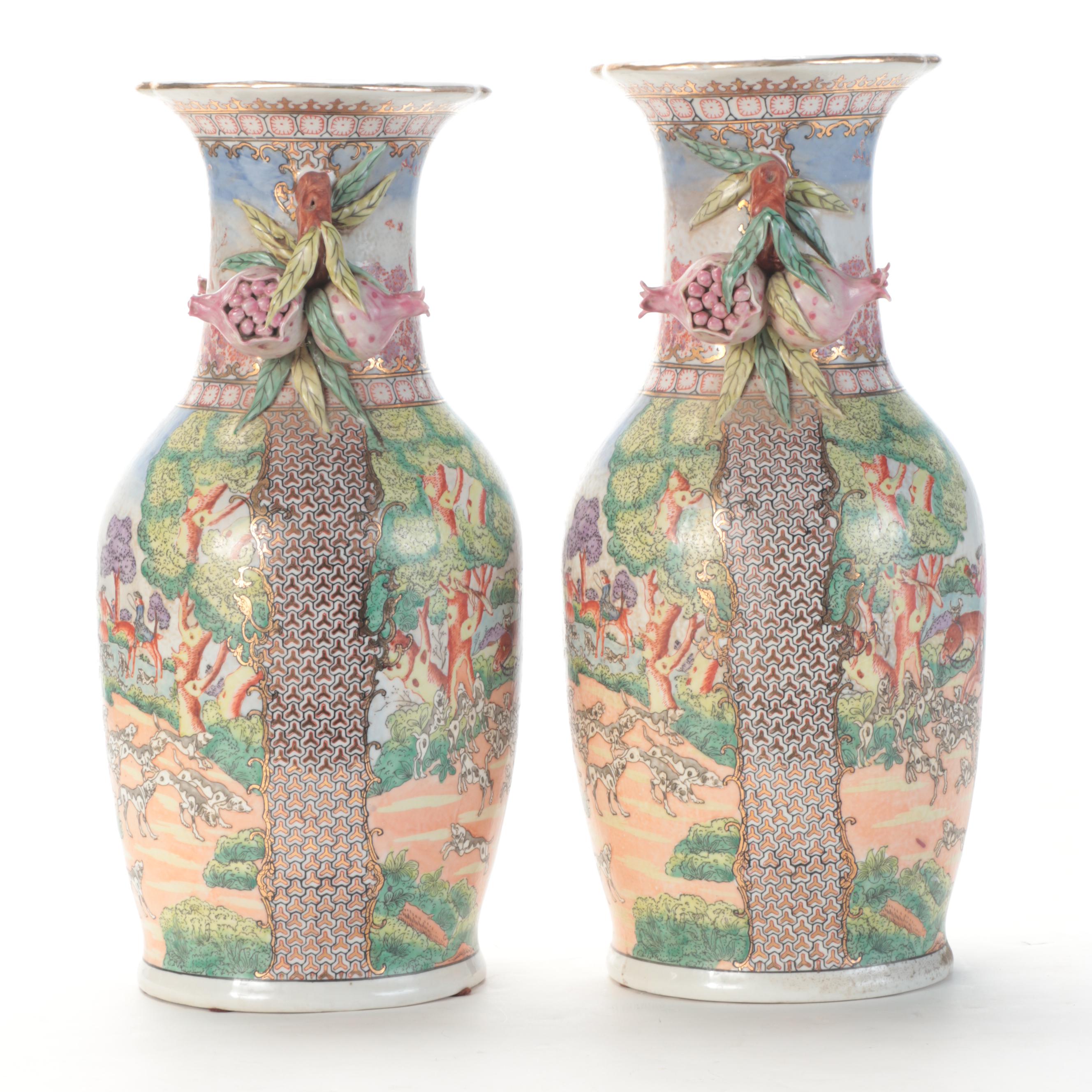 Chinese Export Style Hunting Scene Pomegranate Handled Vases