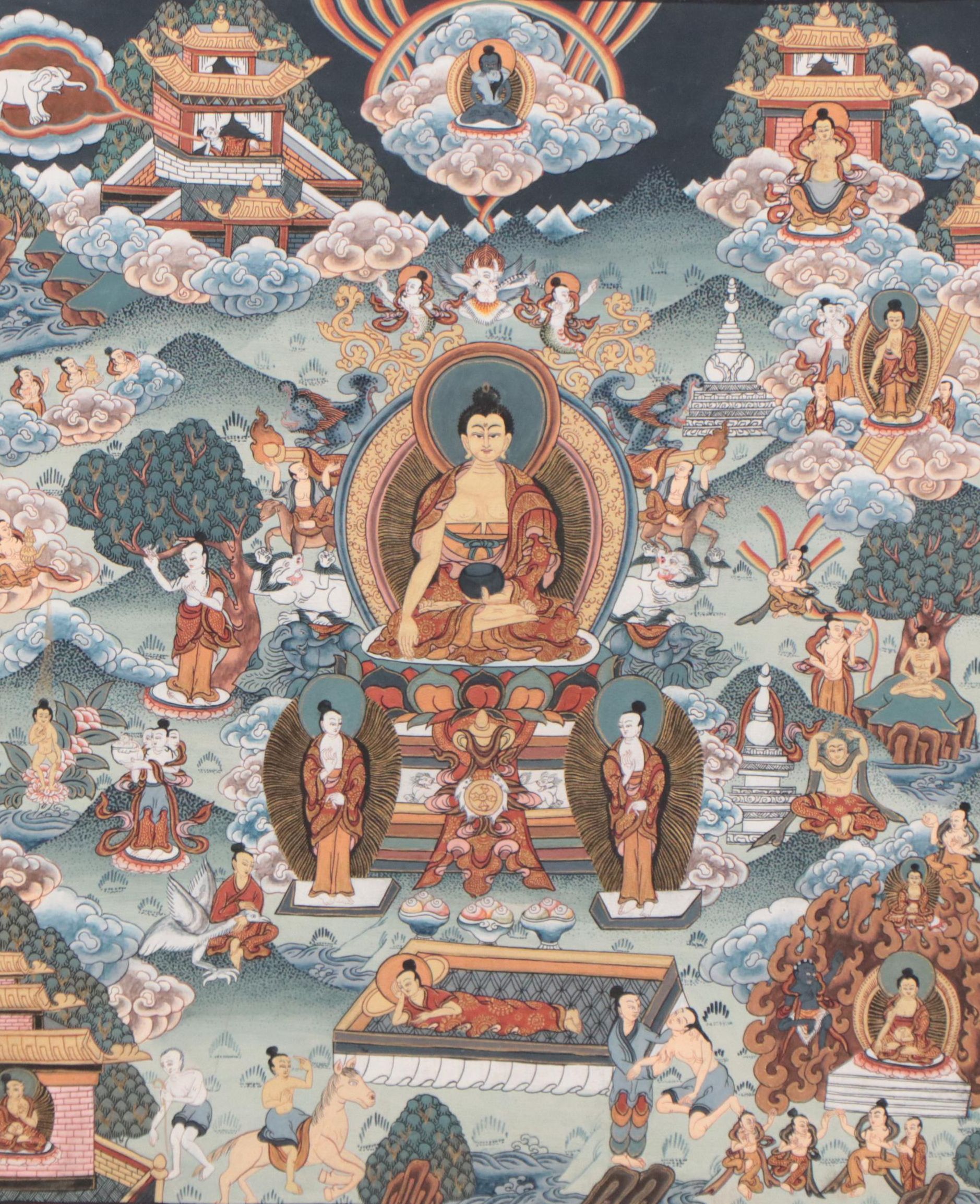 Tibetan Buddhist Gouache Thangka Painting of Life of the Buddha Shakyamuni