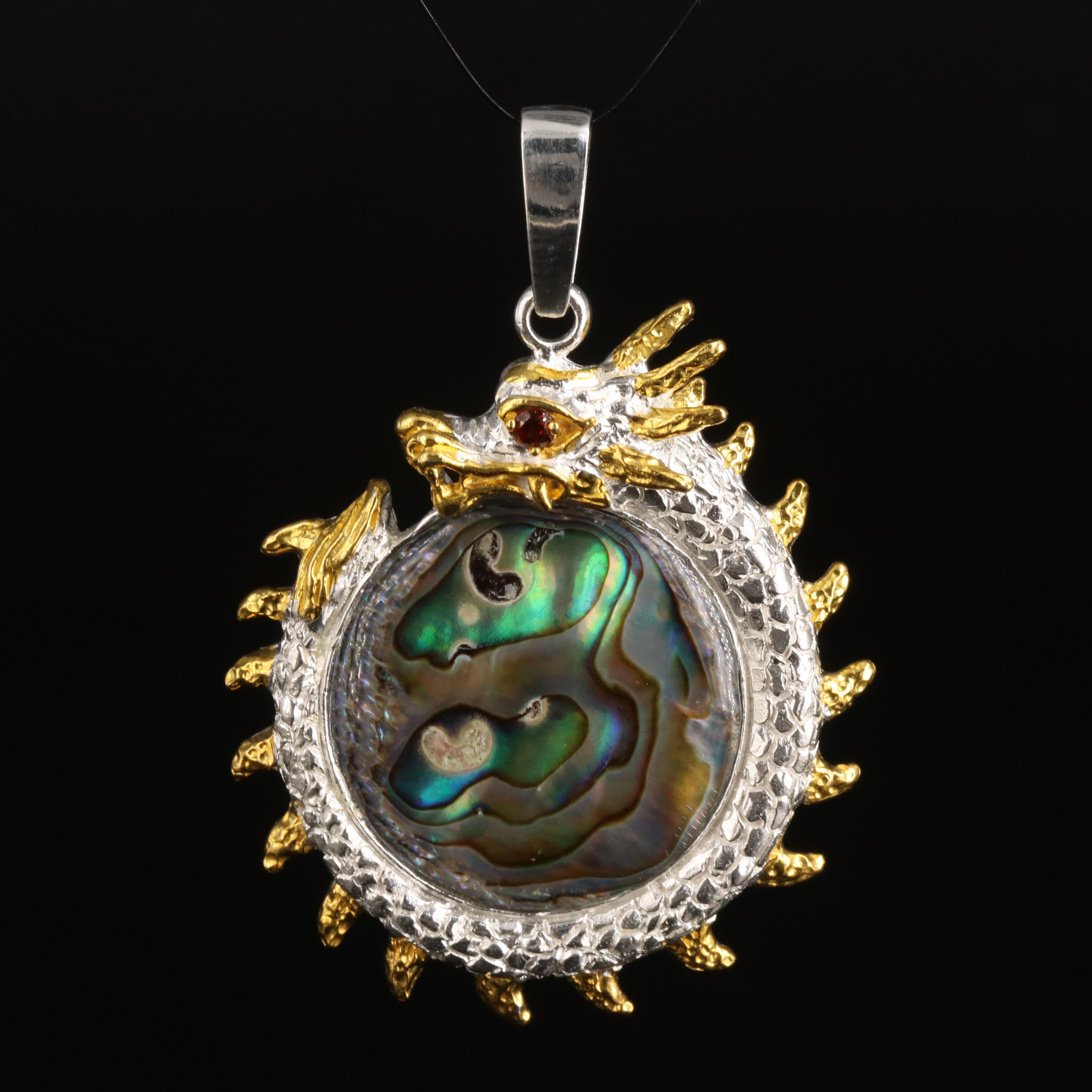 Sterling Abalone and Garnet Dragon Pendant