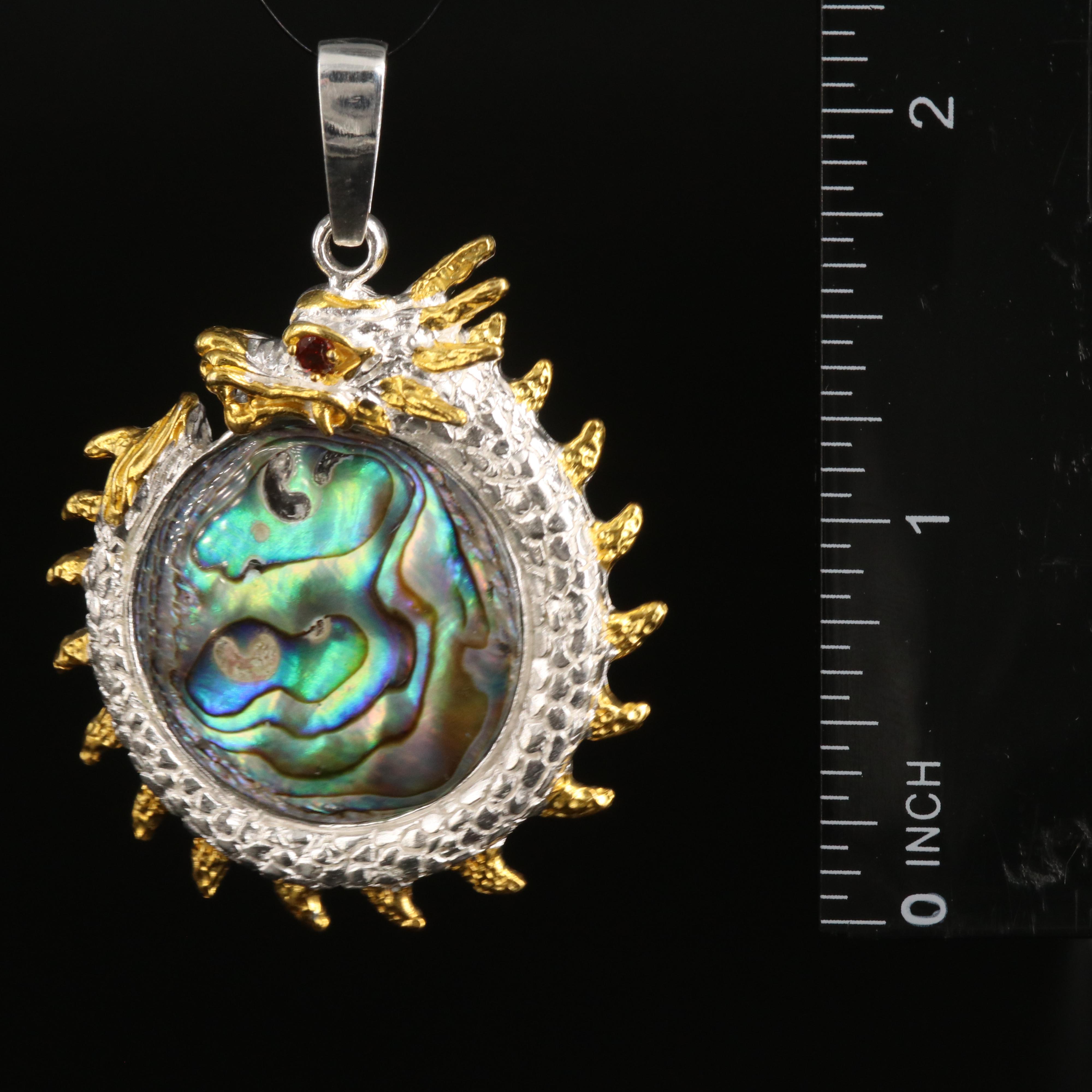 Sterling Abalone and Garnet Dragon Pendant