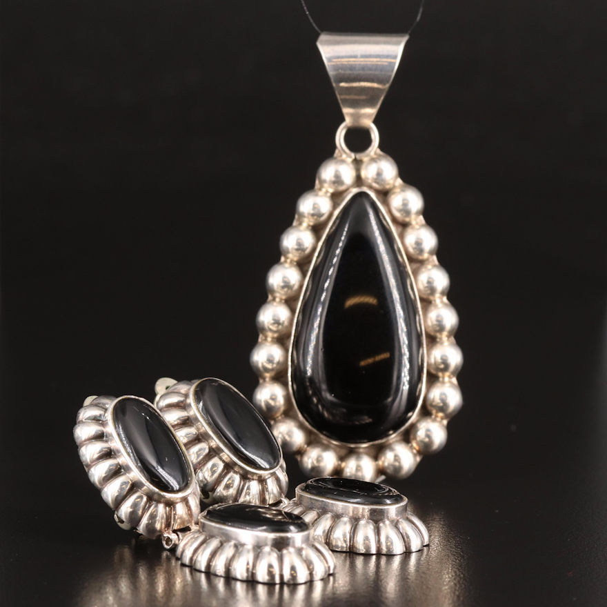 Sterling Black Onyx Teardrop Pendant and Drop Earrings