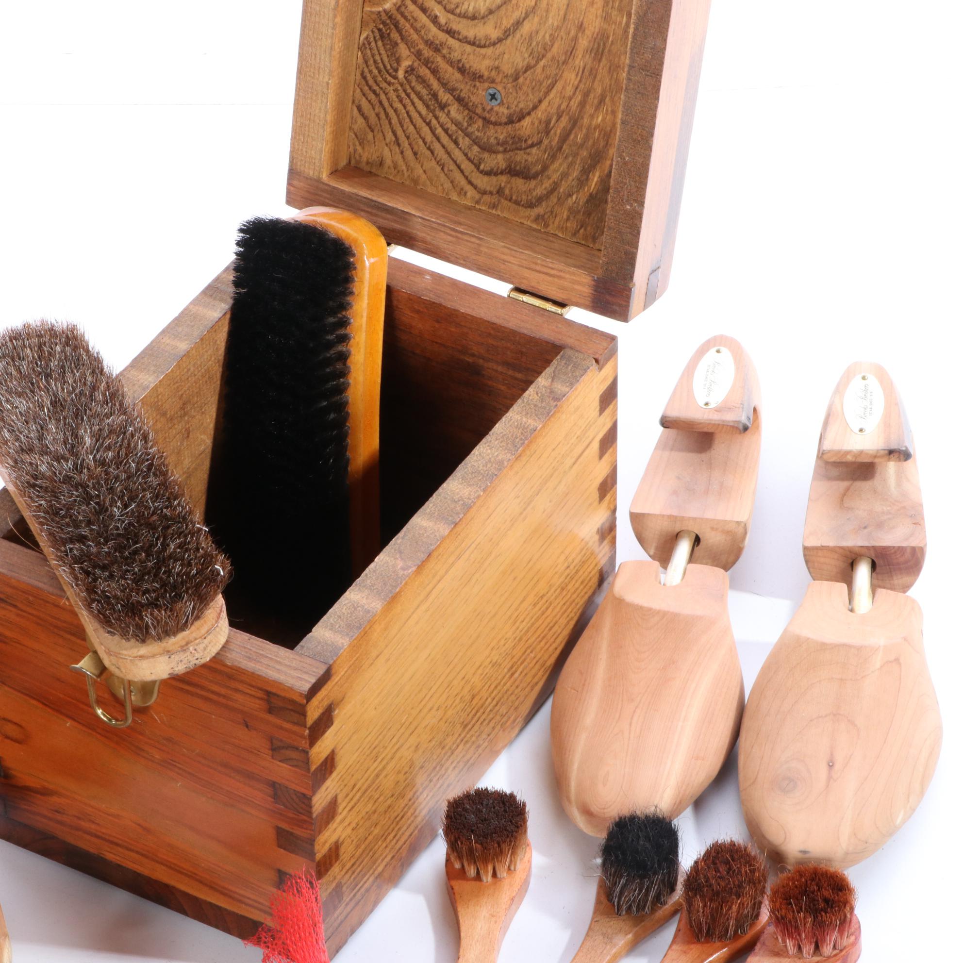Wooden Shoe Shine Boxes, Horse Hair Shoe Brushes, and Cedar Shoe Trees
