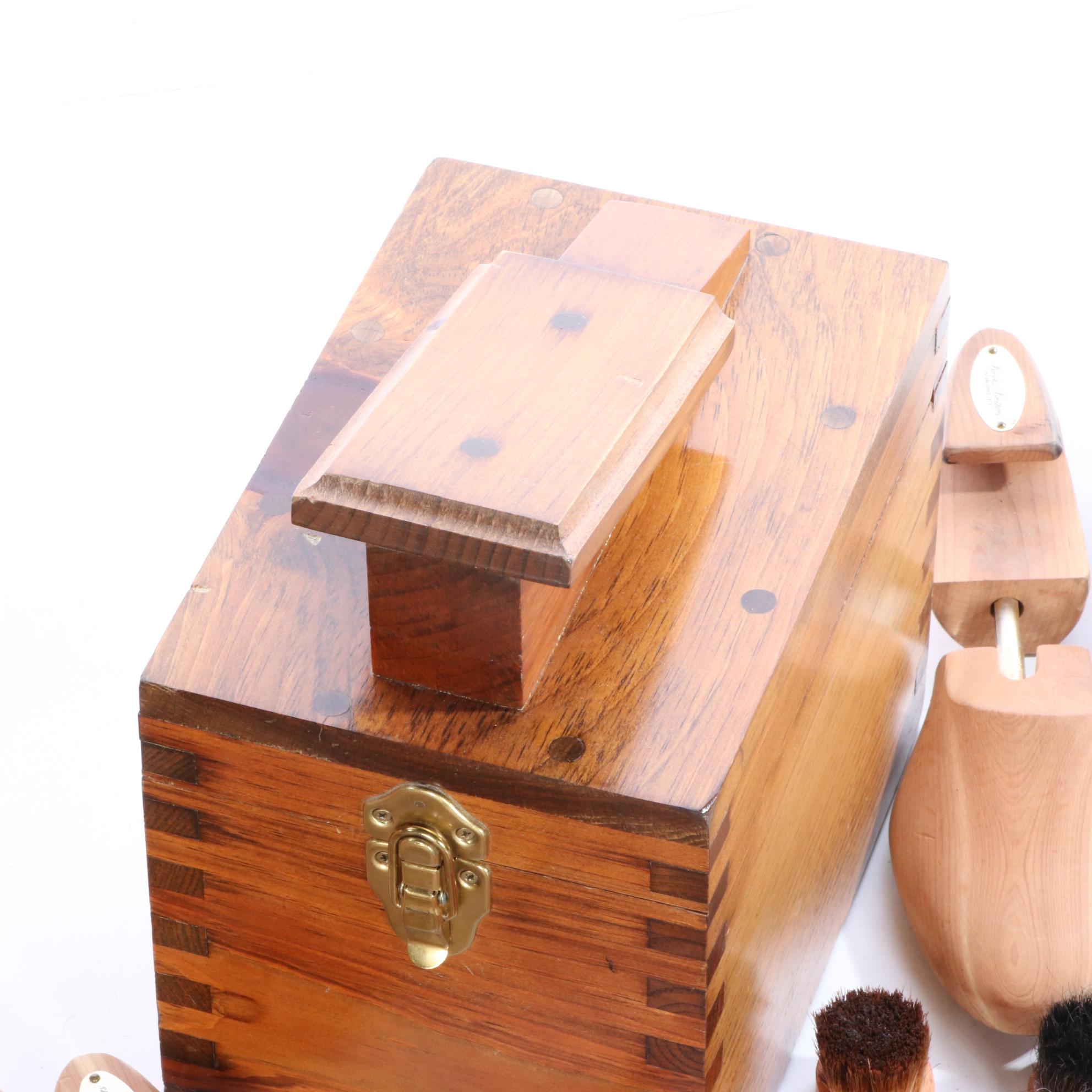 Wooden Shoe Shine Boxes, Horse Hair Shoe Brushes, and Cedar Shoe Trees