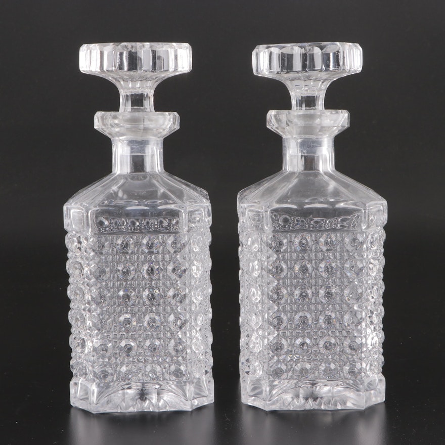Cane Pattern Pressed Glass Whiskey Decanters with Stoppers