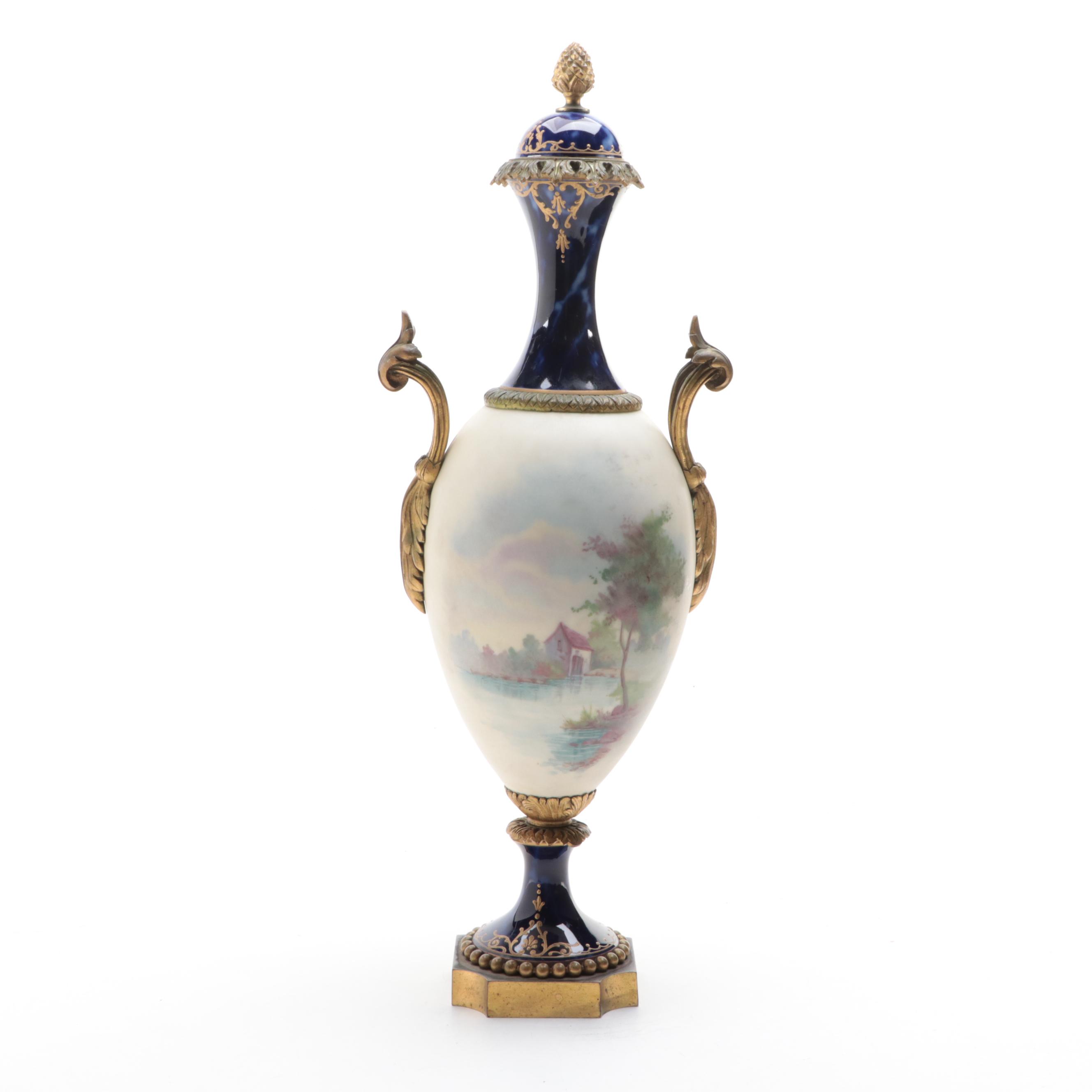 French Sèvres Style Porcelain Lapis Ground Hand-Painted Ormolu Mounted Urn