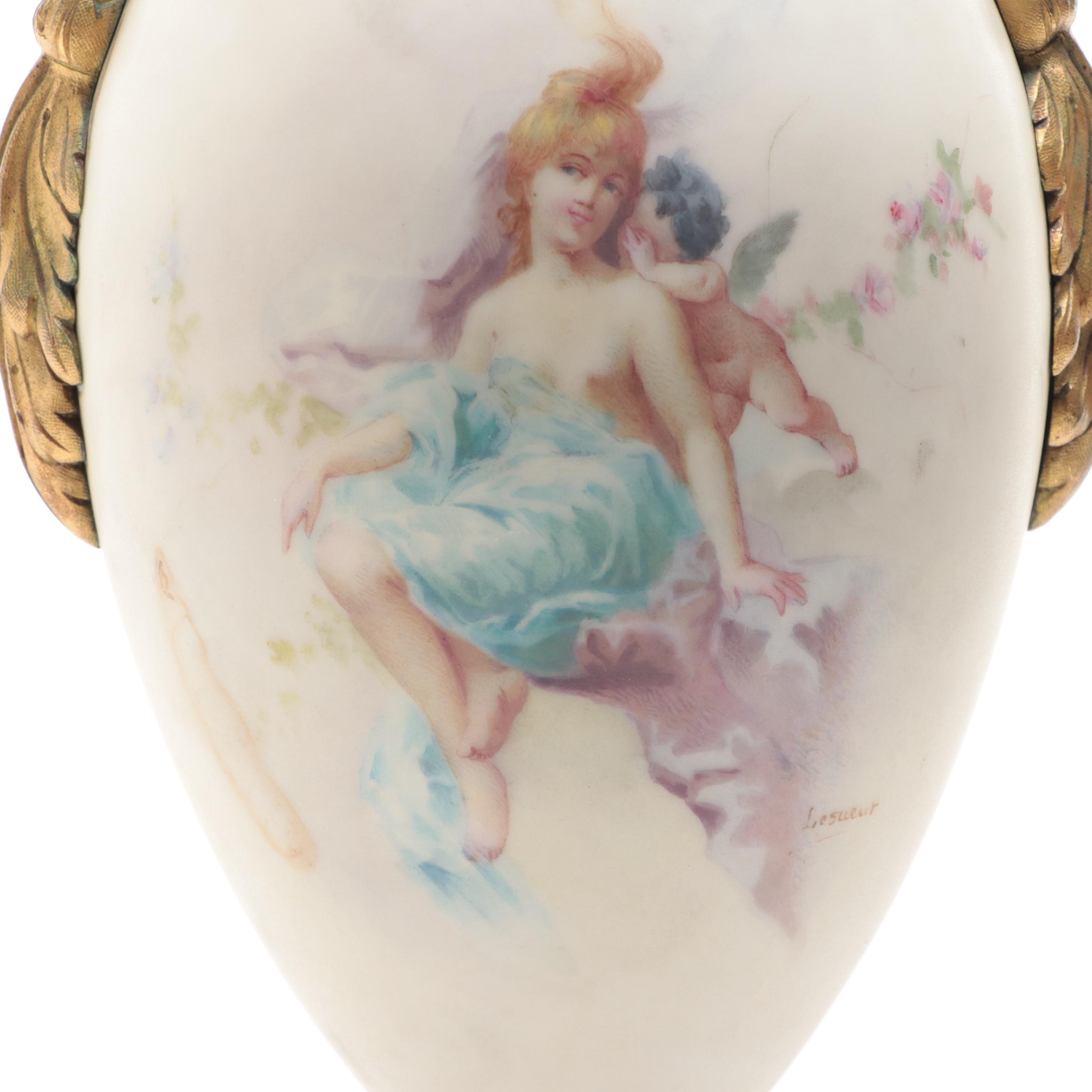 French Sèvres Style Porcelain Lapis Ground Hand-Painted Ormolu Mounted Urn