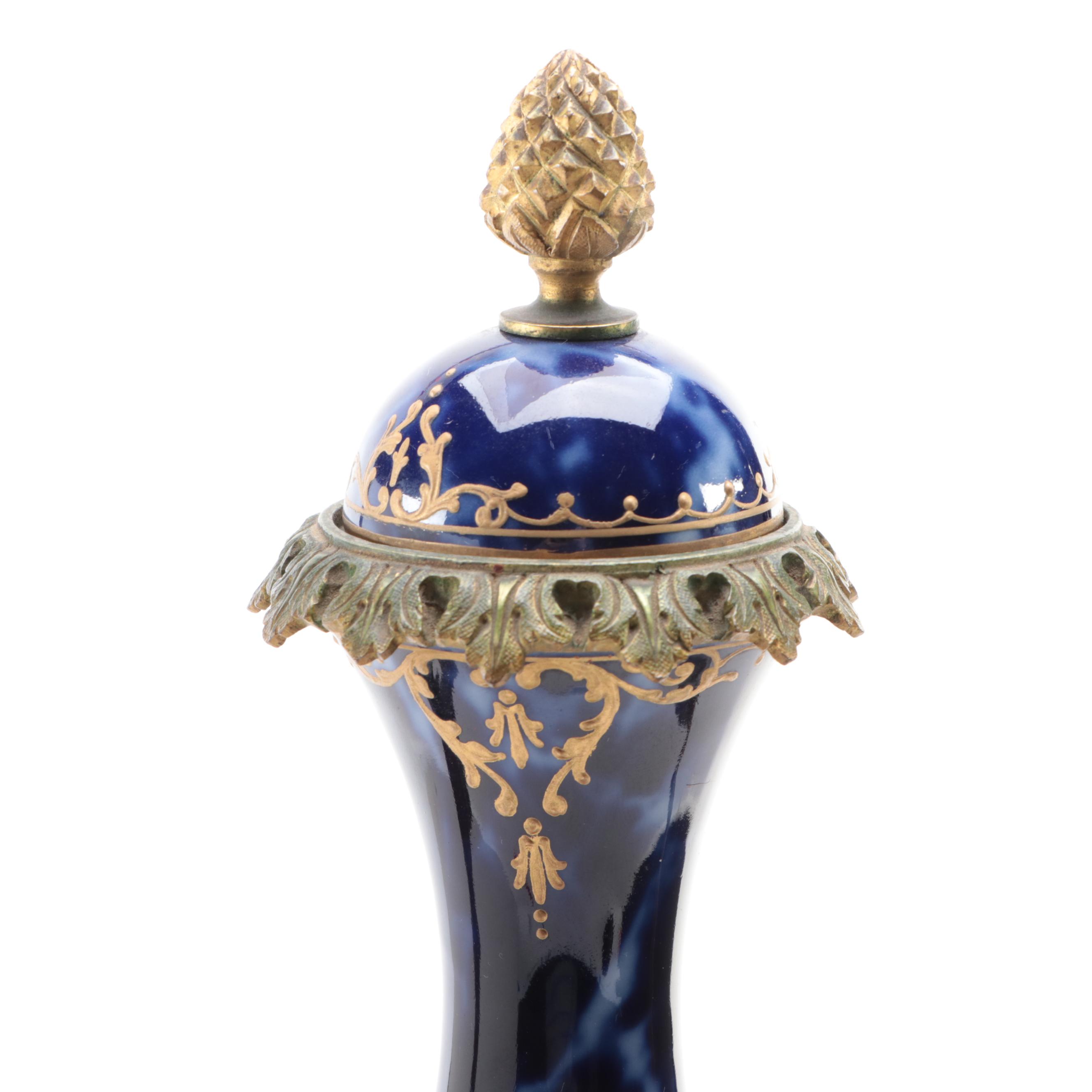 French Sèvres Style Porcelain Lapis Ground Hand-Painted Ormolu Mounted Urn