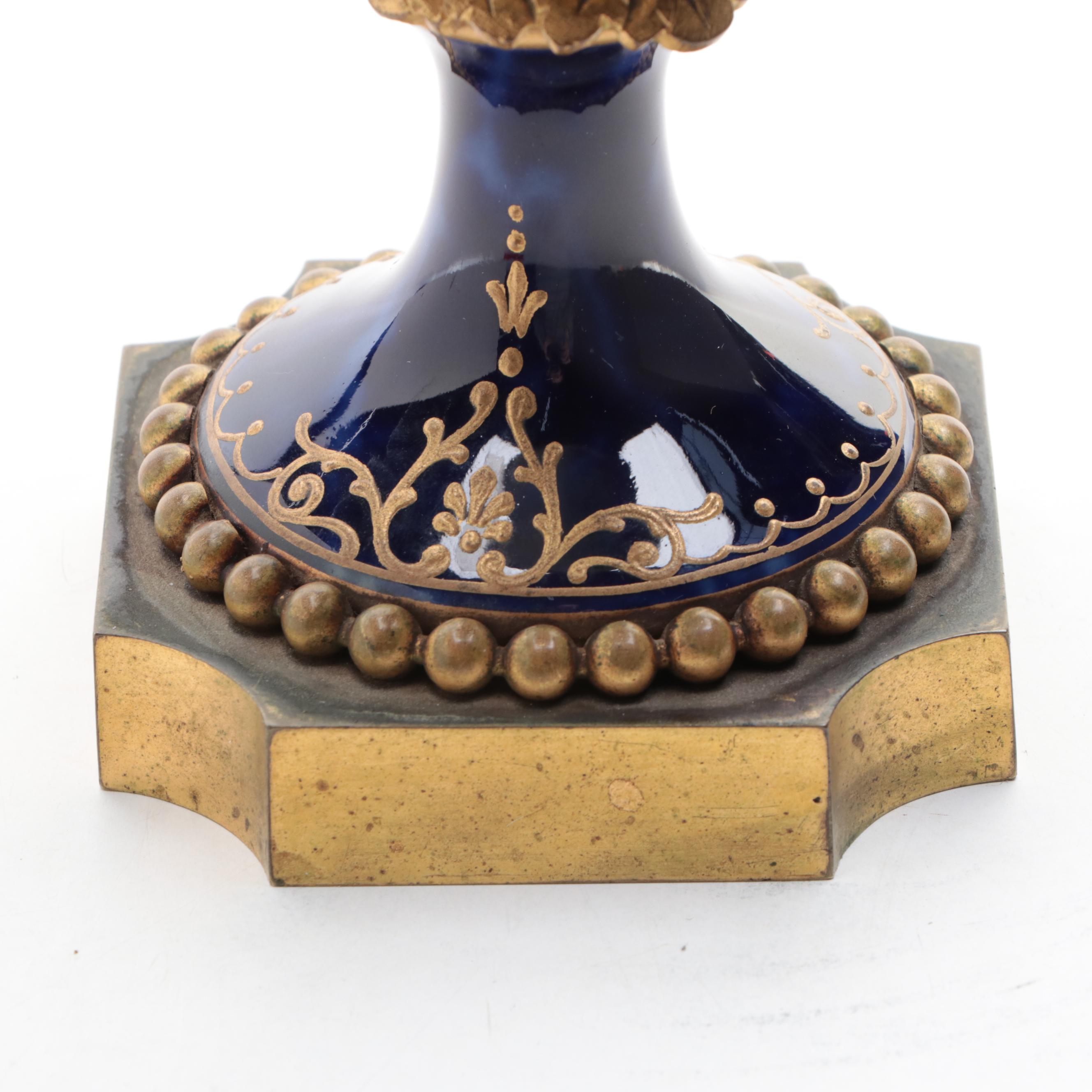 French Sèvres Style Porcelain Lapis Ground Hand-Painted Ormolu Mounted Urn