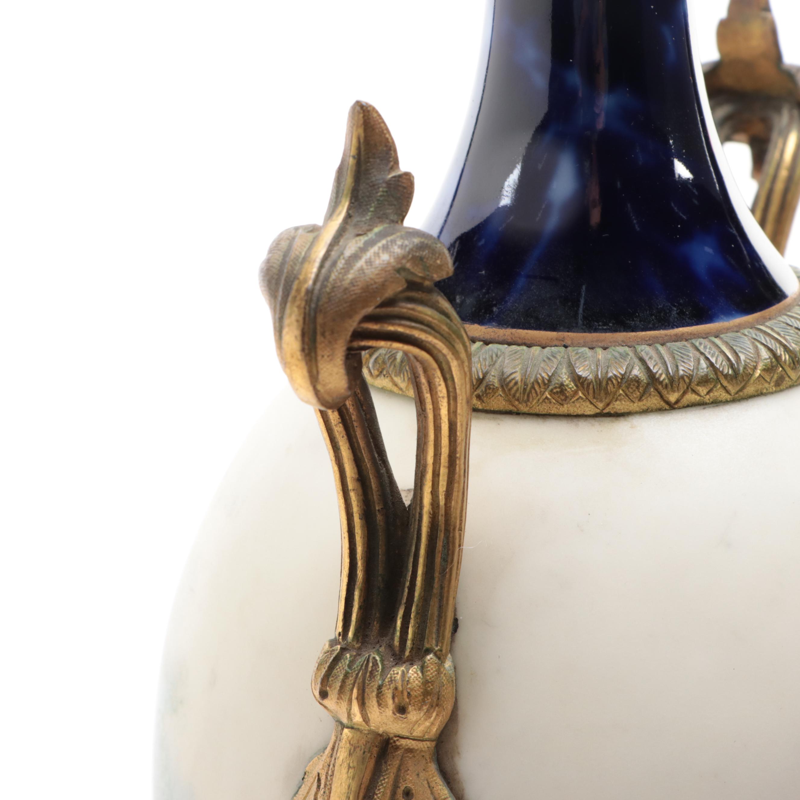 French Sèvres Style Porcelain Lapis Ground Hand-Painted Ormolu Mounted Urn