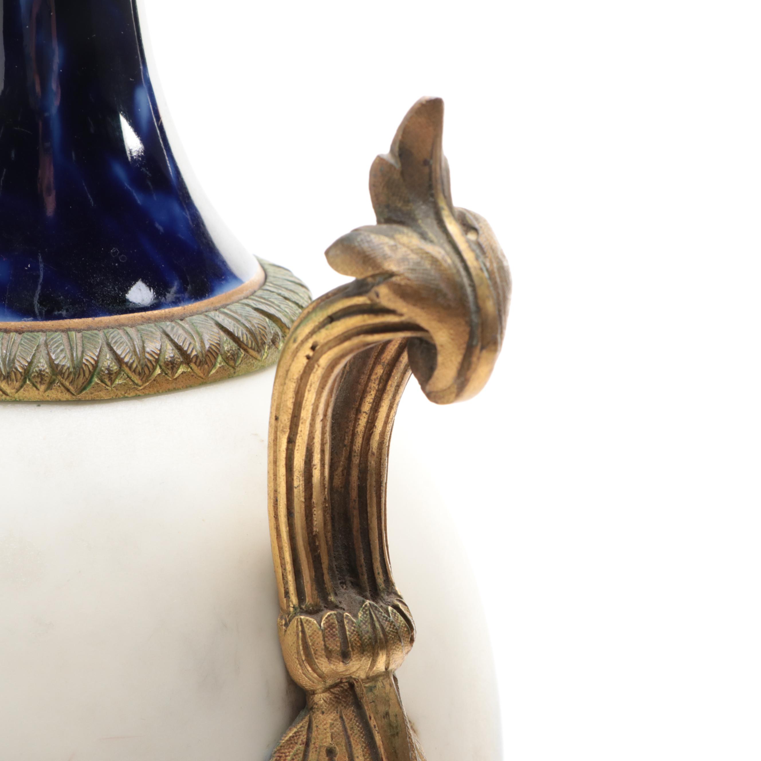French Sèvres Style Porcelain Lapis Ground Hand-Painted Ormolu Mounted Urn