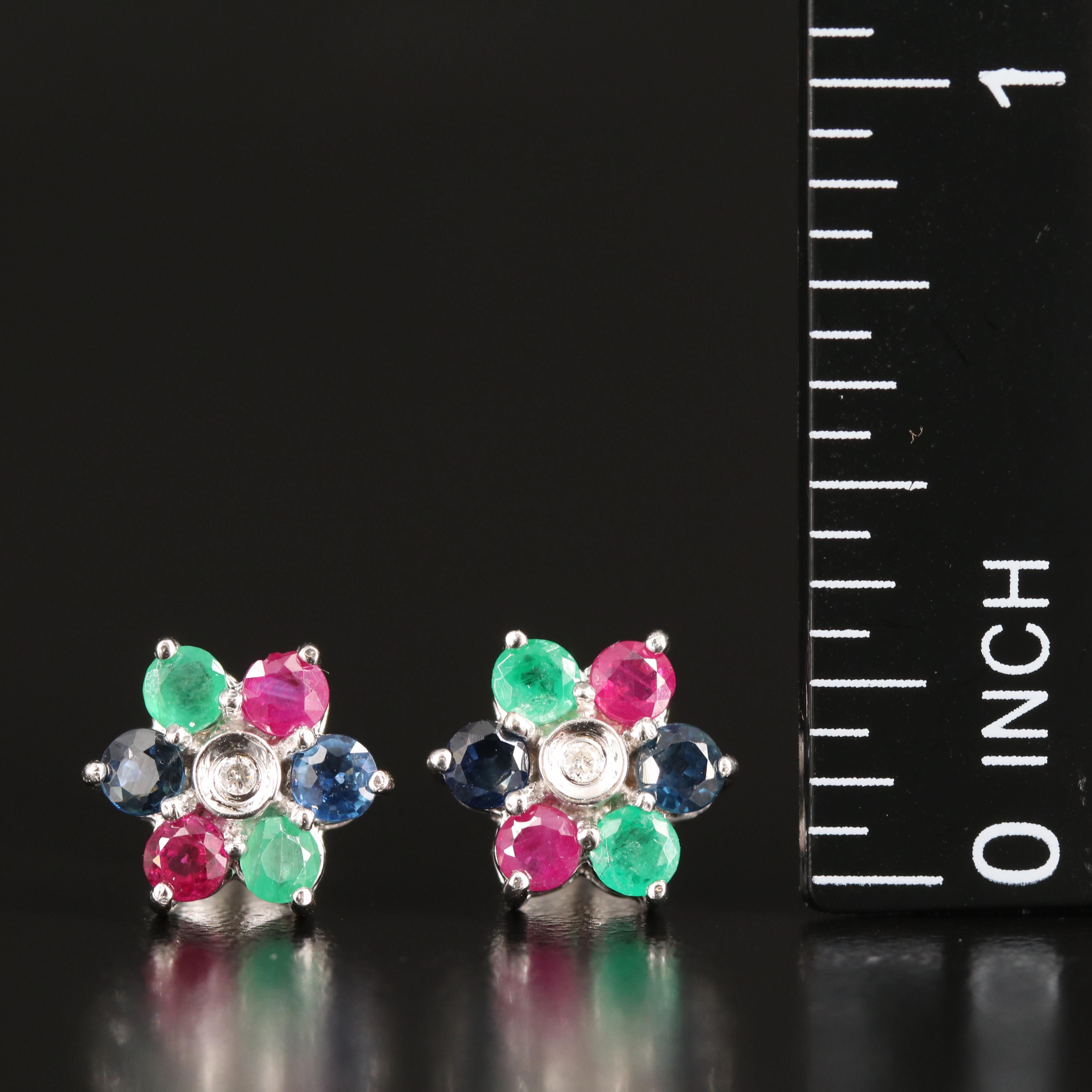 14K Ruby, Sapphire, Emerald and Diamond Stud Earrings
