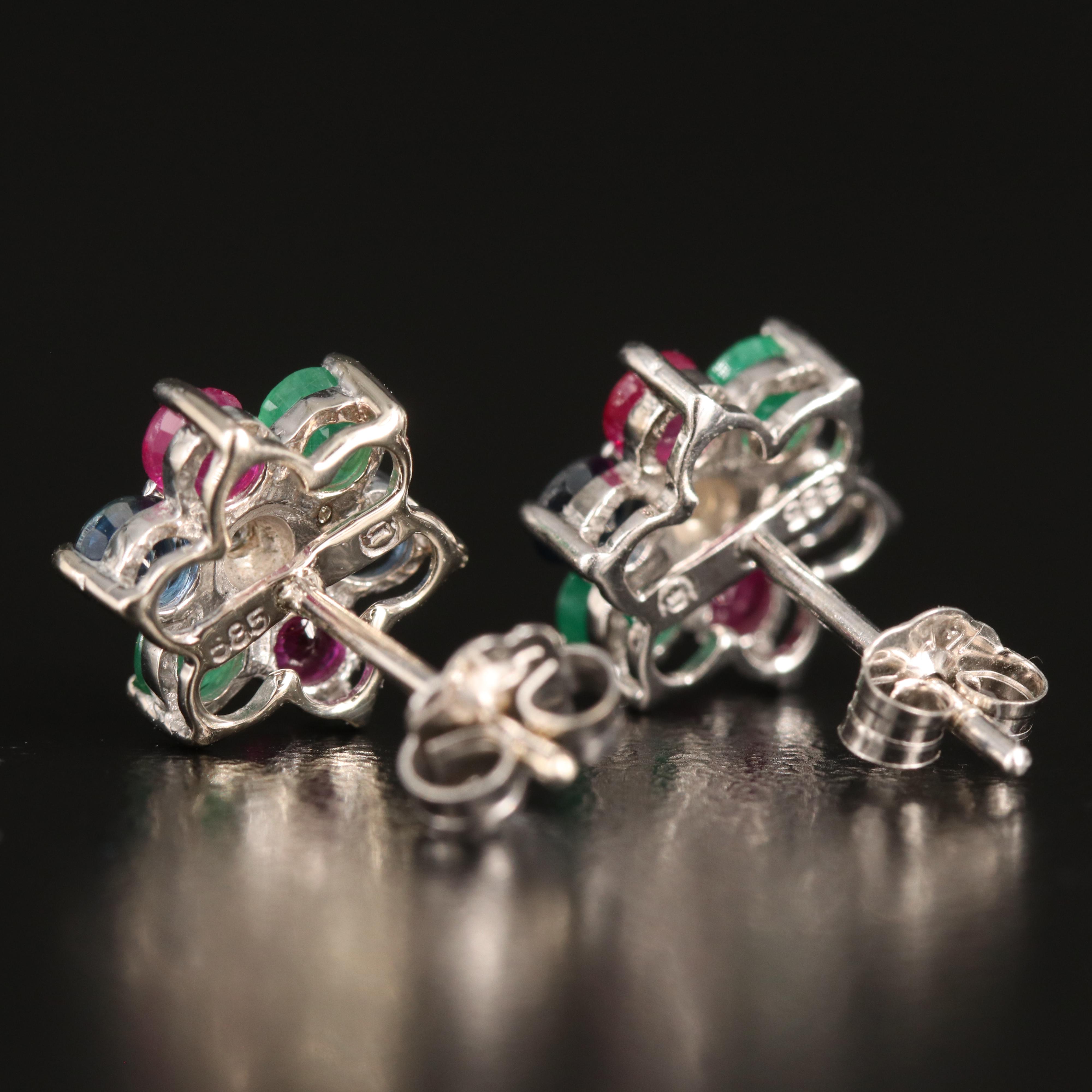 14K Ruby, Sapphire, Emerald and Diamond Stud Earrings