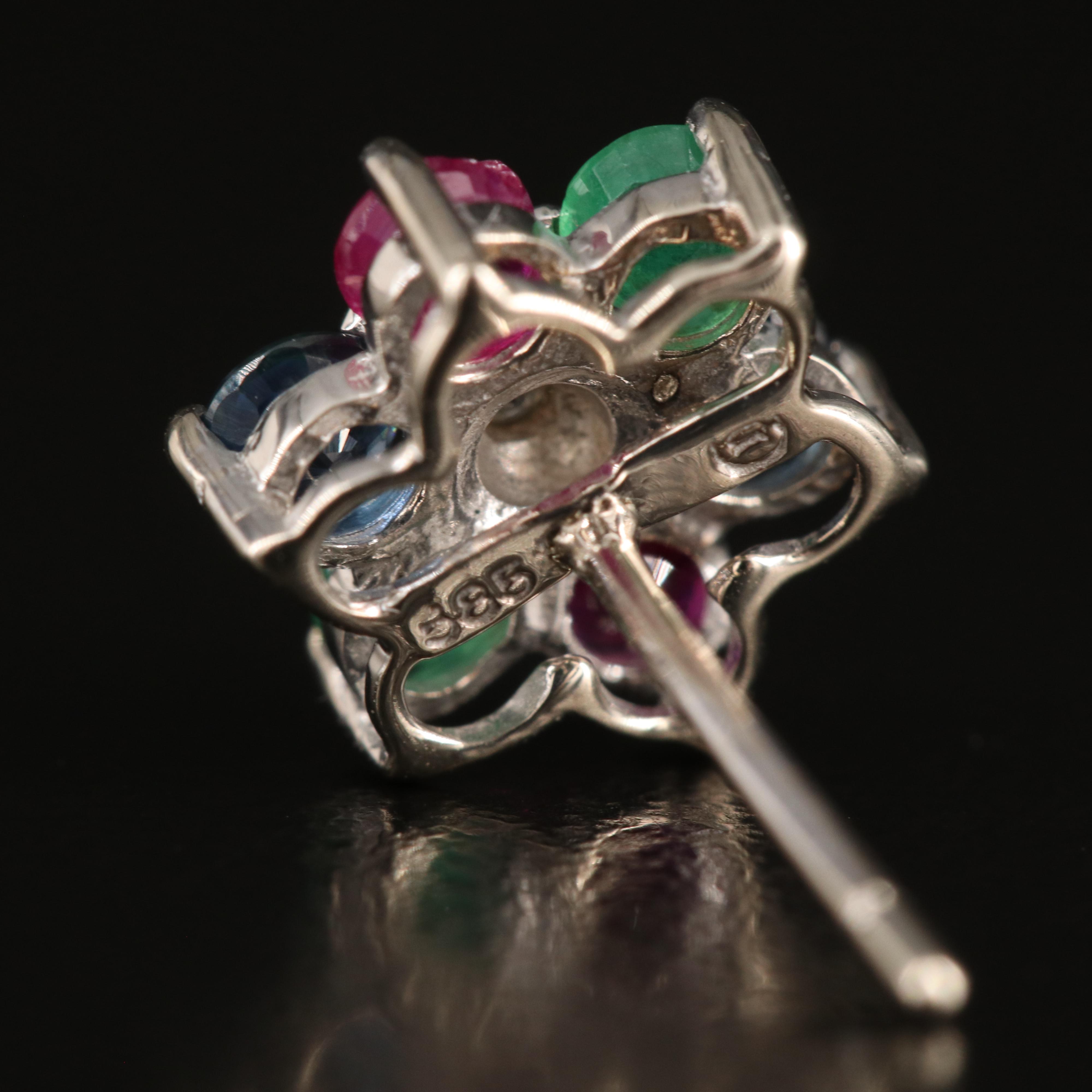 14K Ruby, Sapphire, Emerald and Diamond Stud Earrings