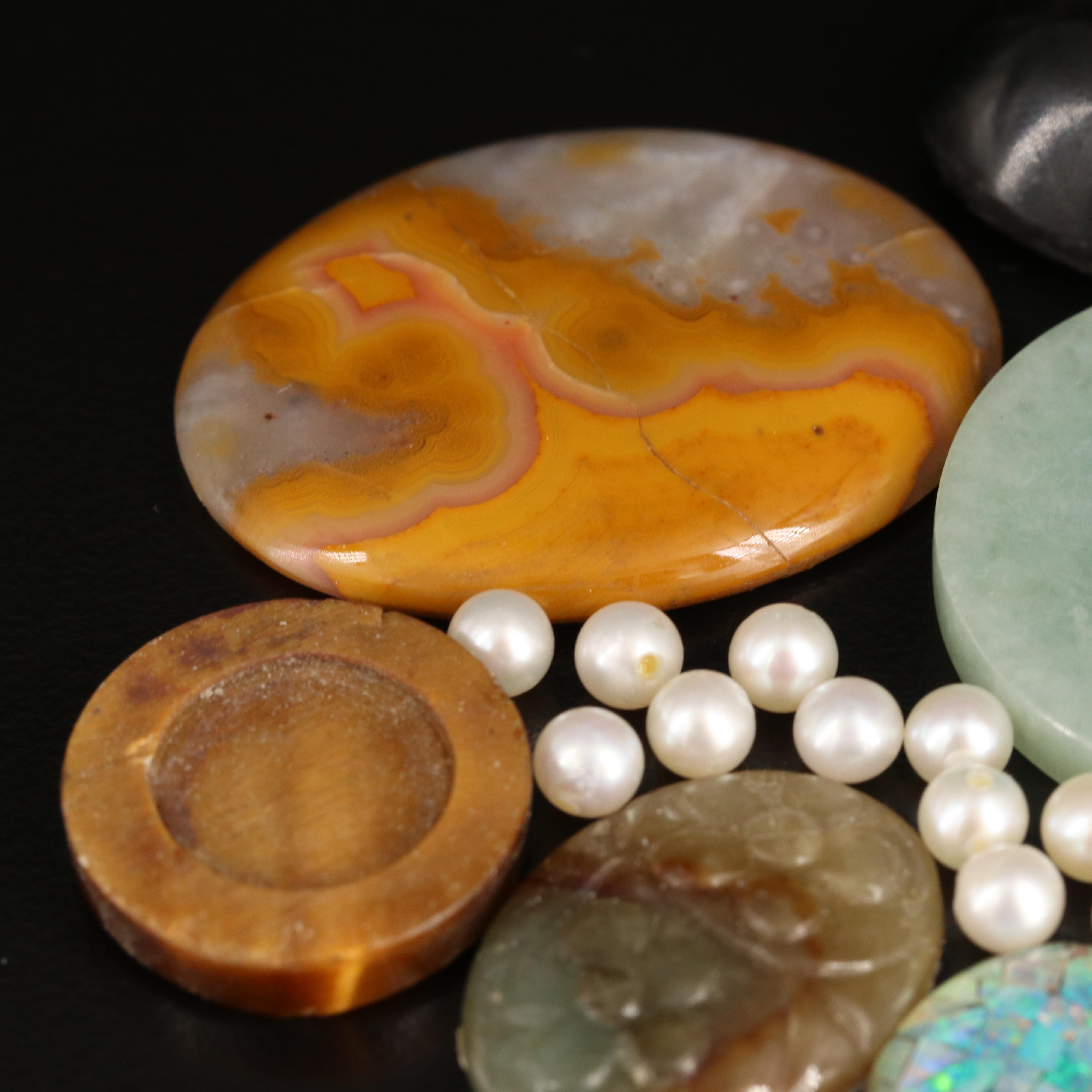 Loose Gemstones Including Jadeite, Agate and Tiger's Eye
