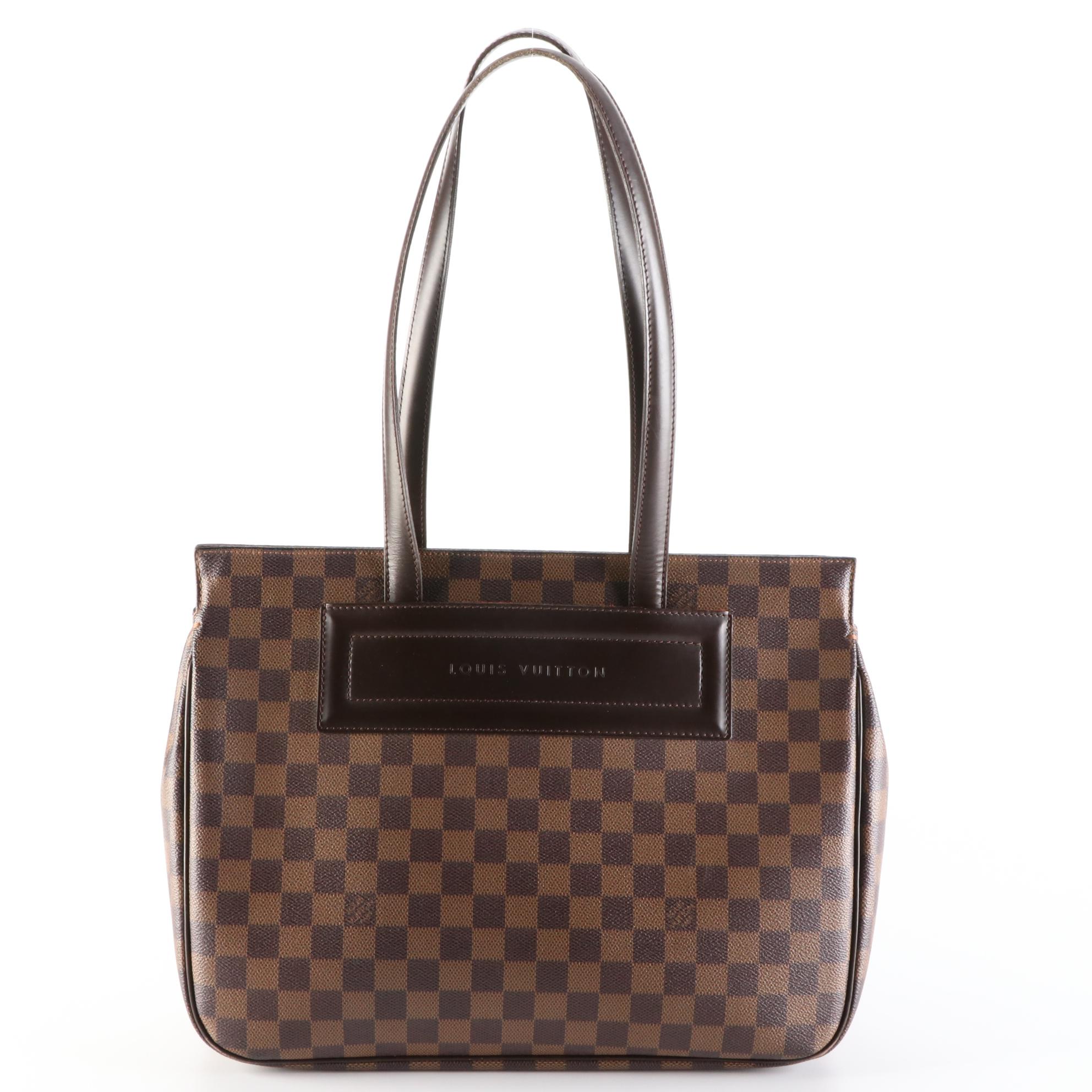 Louis Vuitton Parioli PM Tote in Damier Ebene Canvas and Brown Leather Trim