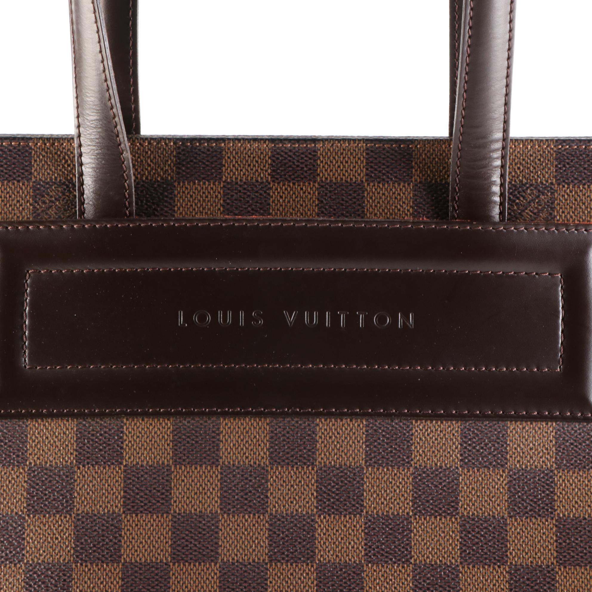 Louis Vuitton Parioli PM Tote in Damier Ebene Canvas and Brown Leather Trim