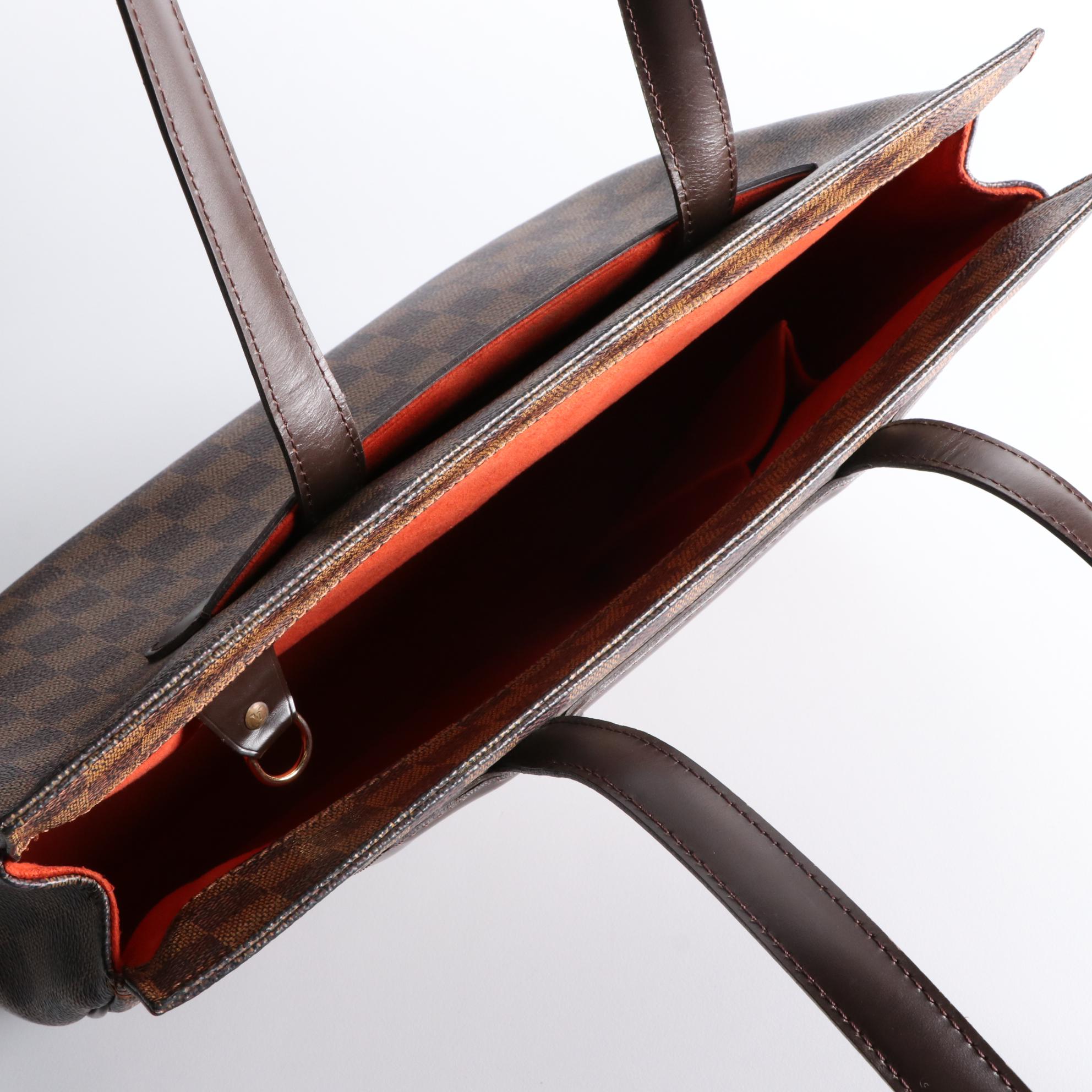 Louis Vuitton Parioli PM Tote in Damier Ebene Canvas and Brown Leather Trim