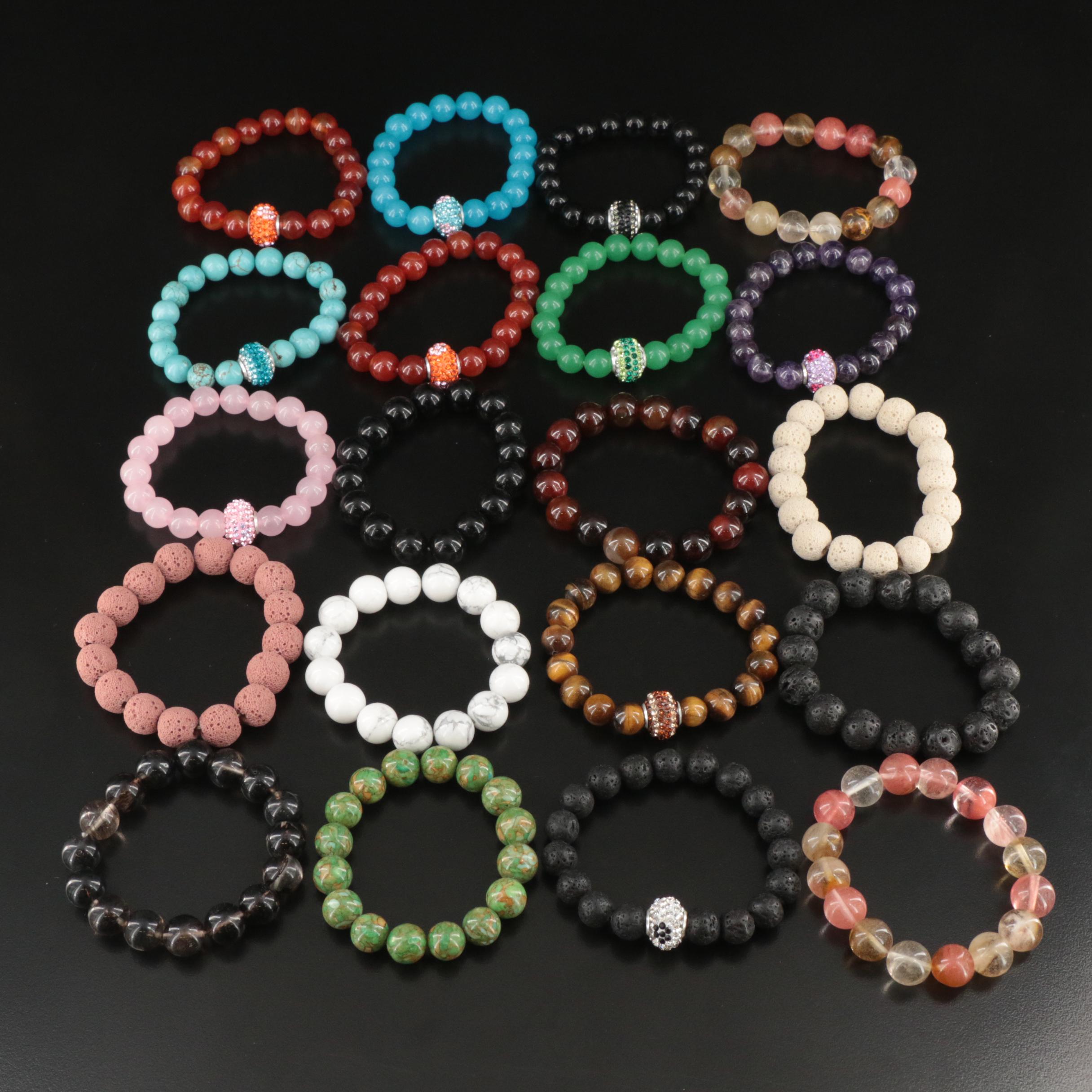 Collection of Expandable Bracelets with Rhinestone, Amethyst and Carnelian