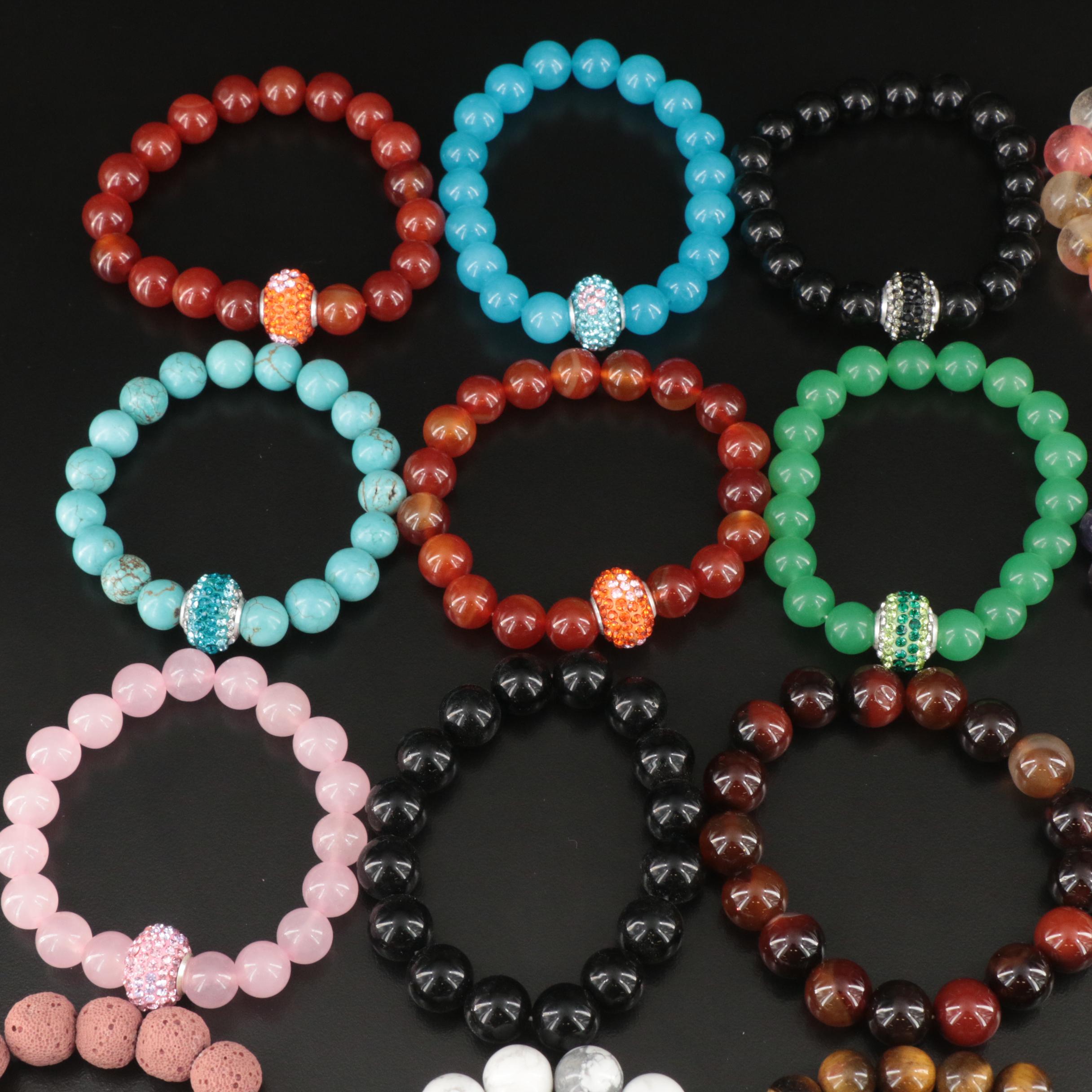 Collection of Expandable Bracelets with Rhinestone, Amethyst and Carnelian