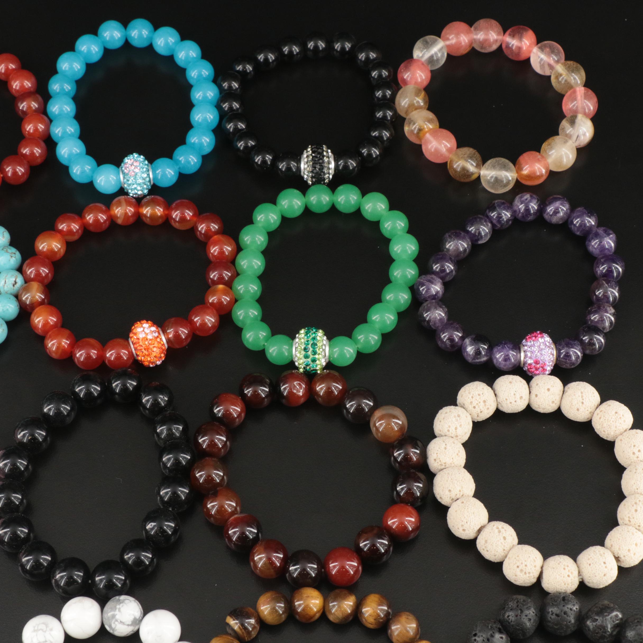 Collection of Expandable Bracelets with Rhinestone, Amethyst and Carnelian