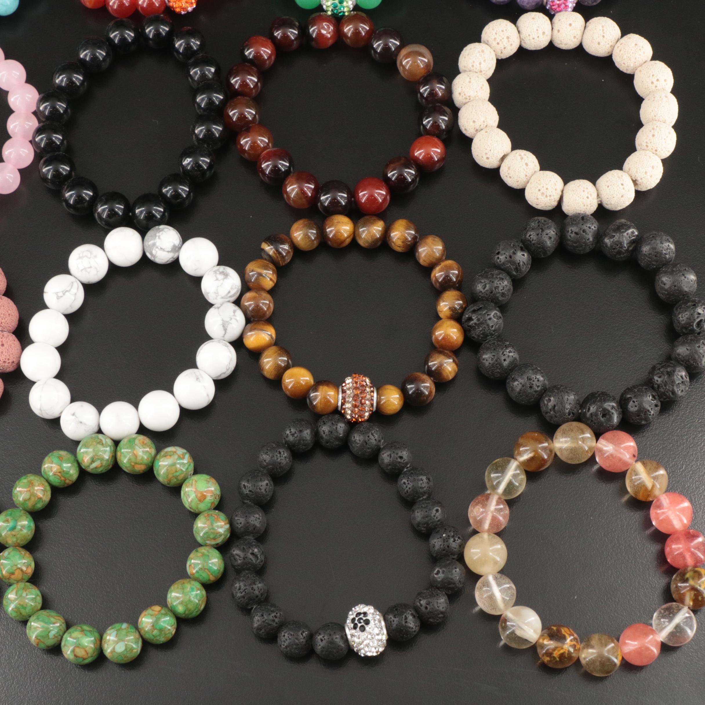 Collection of Expandable Bracelets with Rhinestone, Amethyst and Carnelian