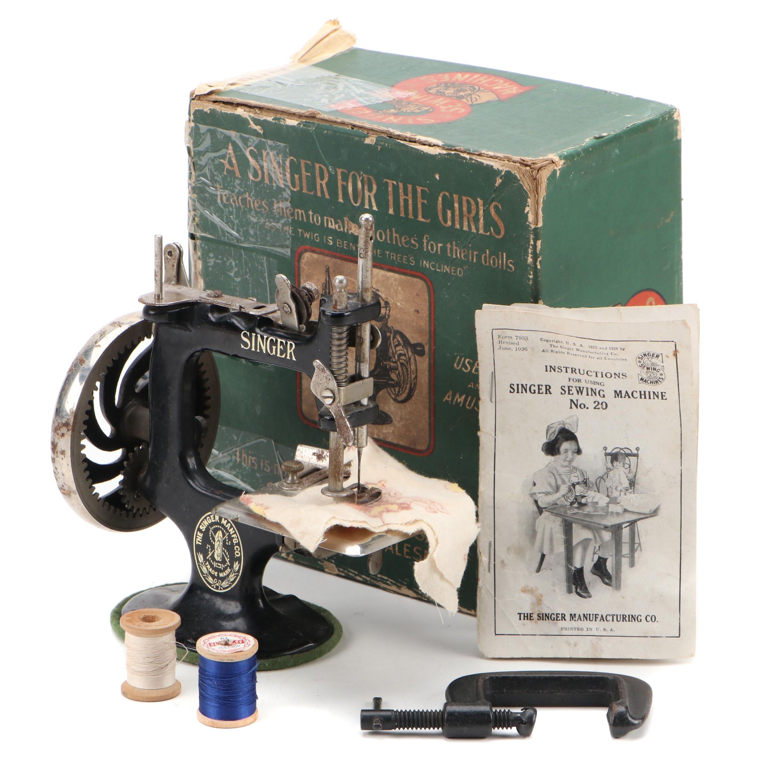 Singer Model 20 Hand Crank Child's Sewing Machine with Original Box
