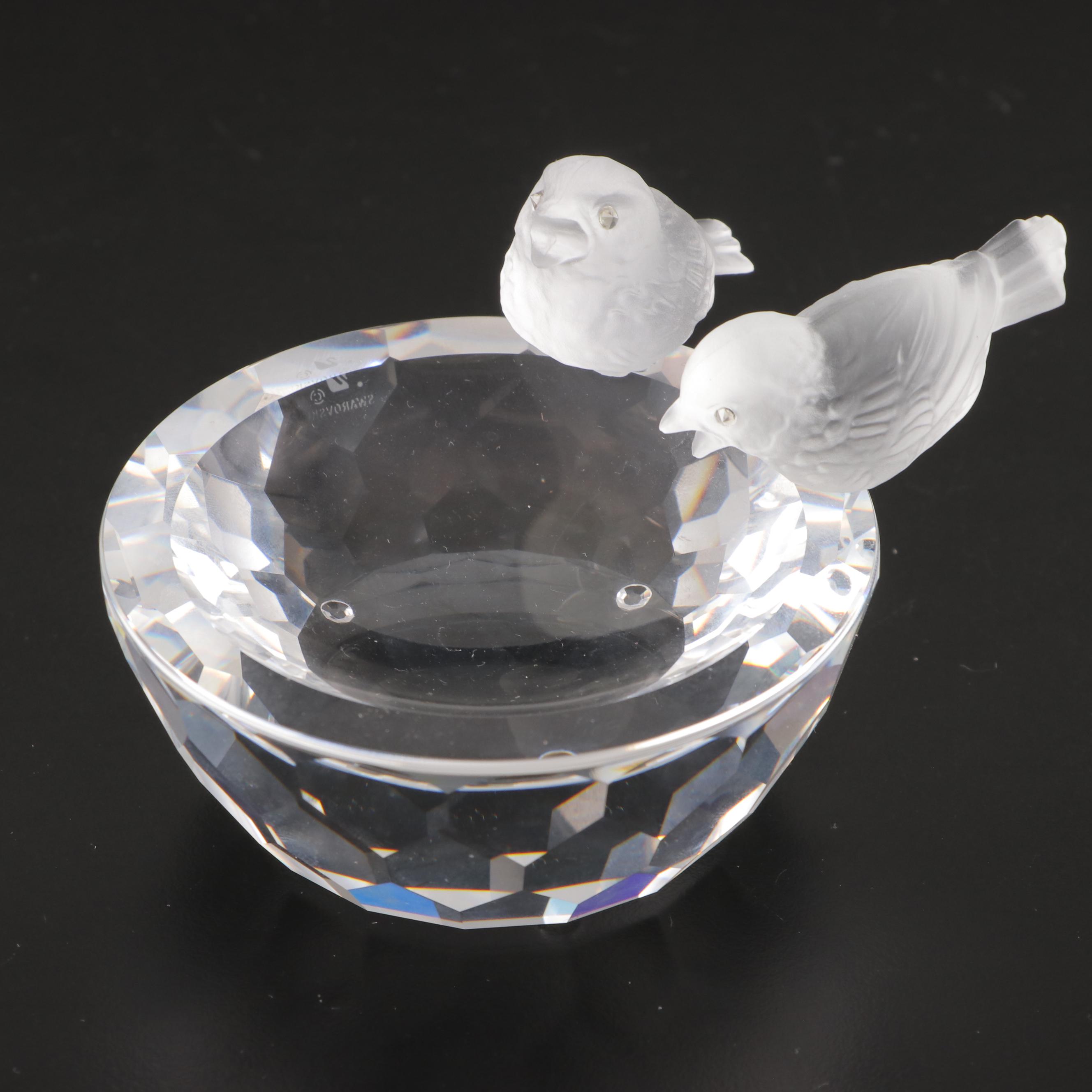 Swarovski Crystal Lotus, Rose and Birds on Bird Bath Figurines